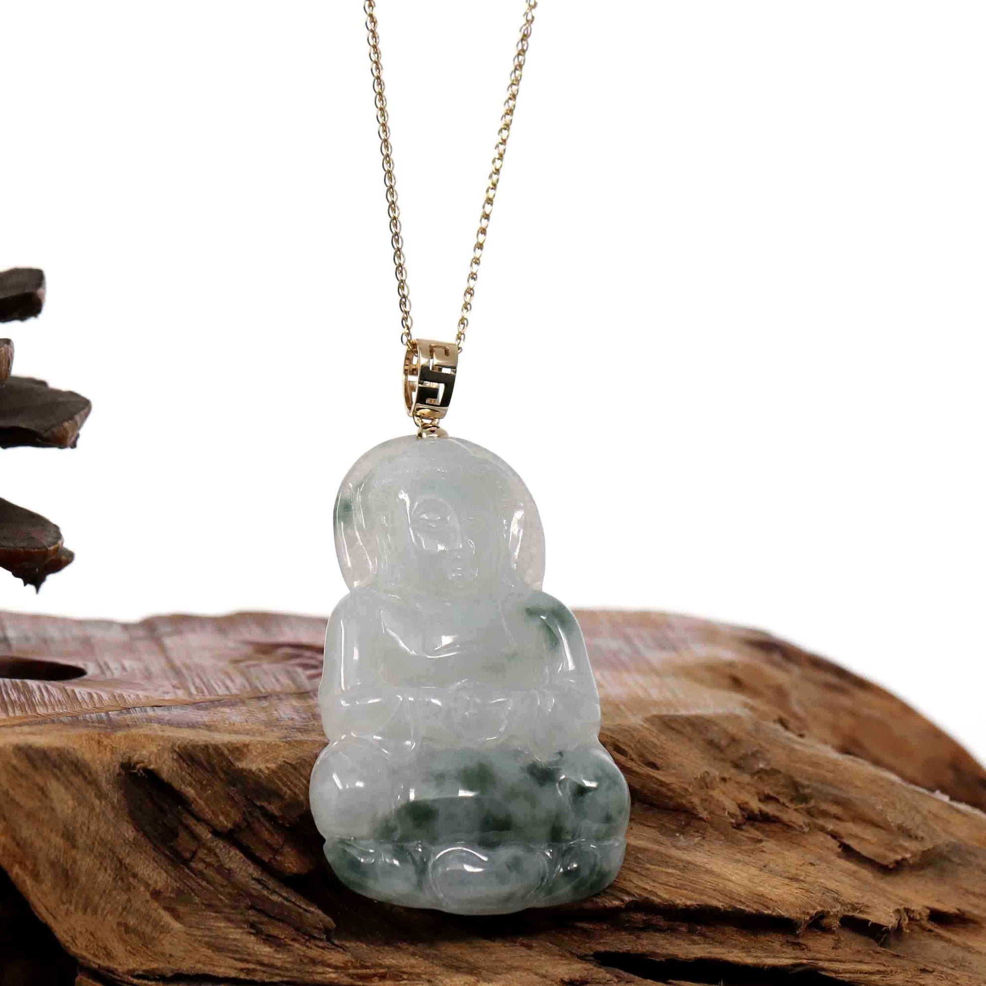 Baikalla Jewelry Jade Guanyin Pendant Necklace Copy of Baikalla "Goddess of Compassion" Genuine Burmese Ice Blue Jadeite Jade Guanyin Necklace With Good Luck Design 14K Gold  Bail