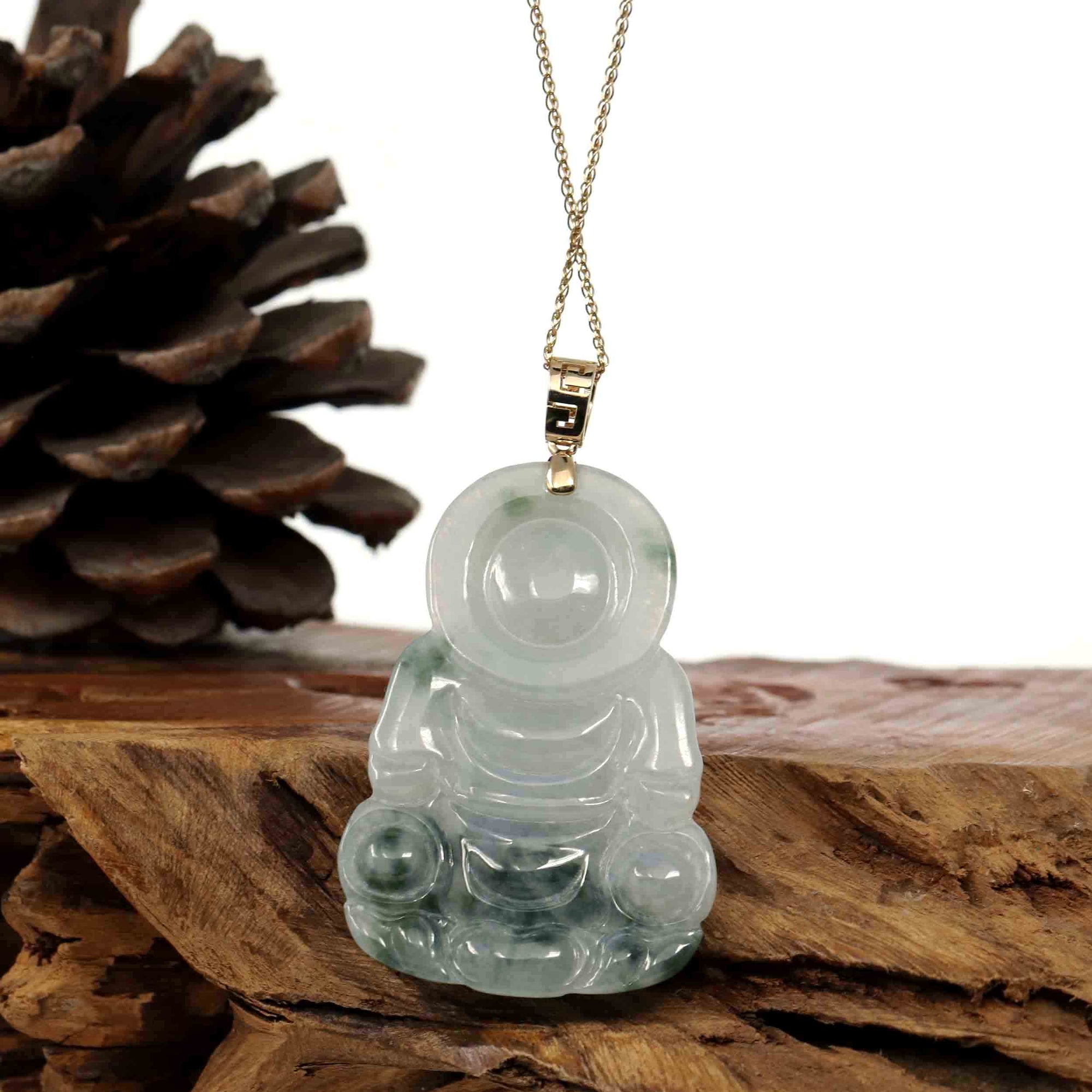 Baikalla Jewelry Jade Guanyin Pendant Necklace Copy of Baikalla &quot;Goddess of Compassion&quot; Genuine Burmese Ice Blue Jadeite Jade Guanyin Necklace With Good Luck Design 14K Gold  Bail