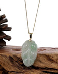 Baikalla Jewelry Jade Guanyin Pendant Necklace Copy of Genuine Ice Green Jadeite Jade Jin Zhi Yu Ye (Leaf) Necklace With White Gold Bail