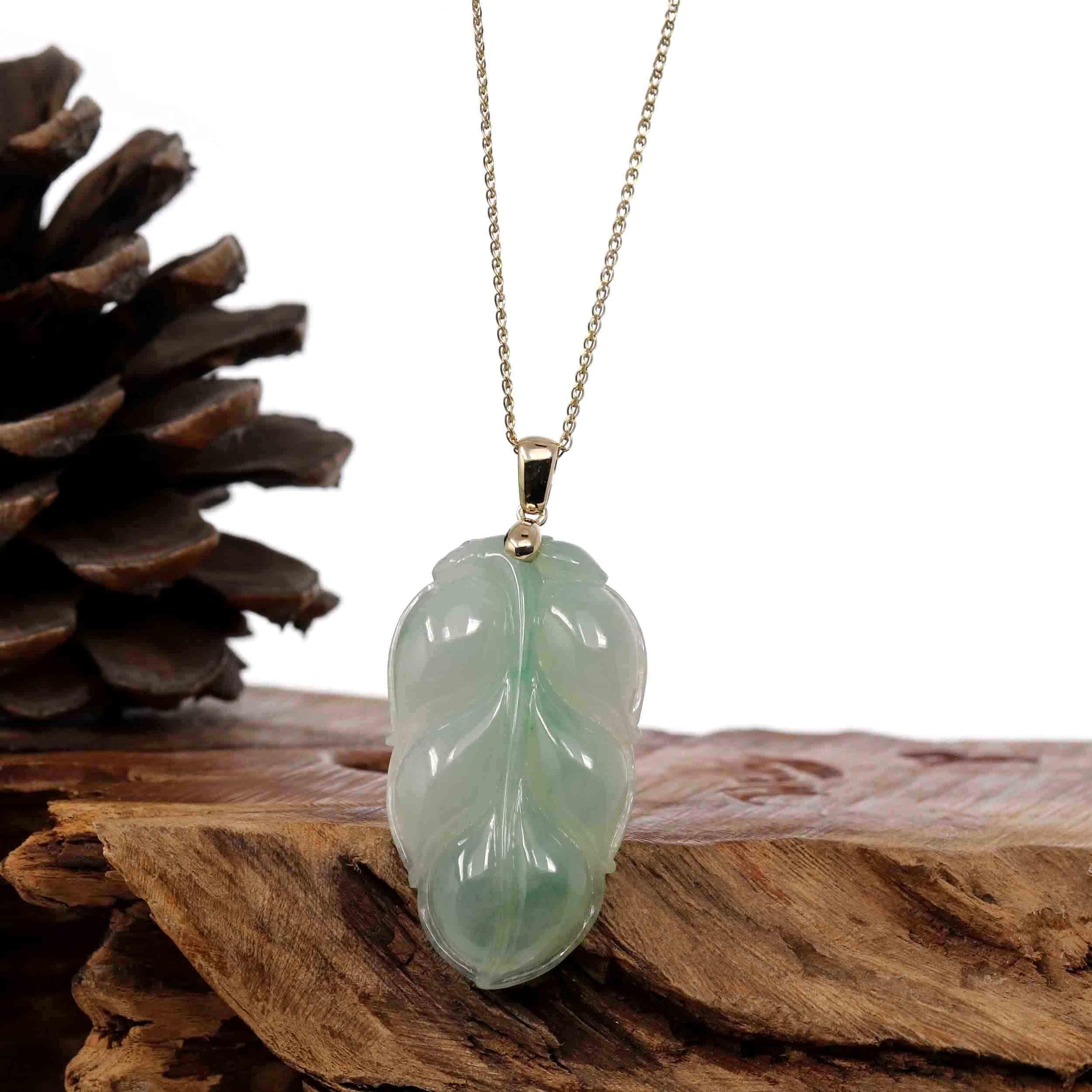 Baikalla Jewelry Jade Guanyin Pendant Necklace Copy of Copy of Genuine Ice Green Jadeite Jade Jin Zhi Yu Ye (Leaf) Necklace With White Gold Bail