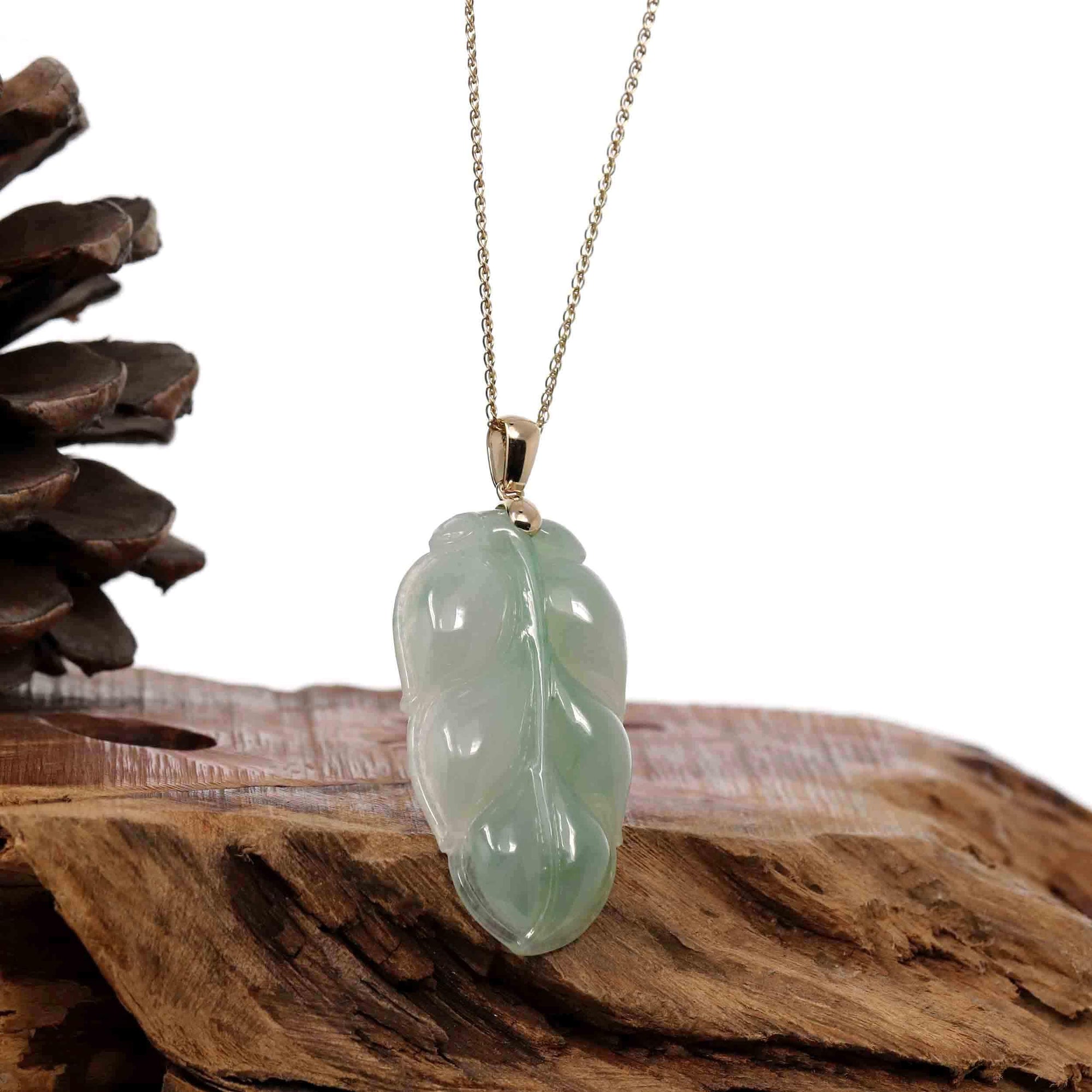 Baikalla Jewelry Jade Guanyin Pendant Necklace Copy of Copy of Genuine Ice Green Jadeite Jade Jin Zhi Yu Ye (Leaf) Necklace With White Gold Bail