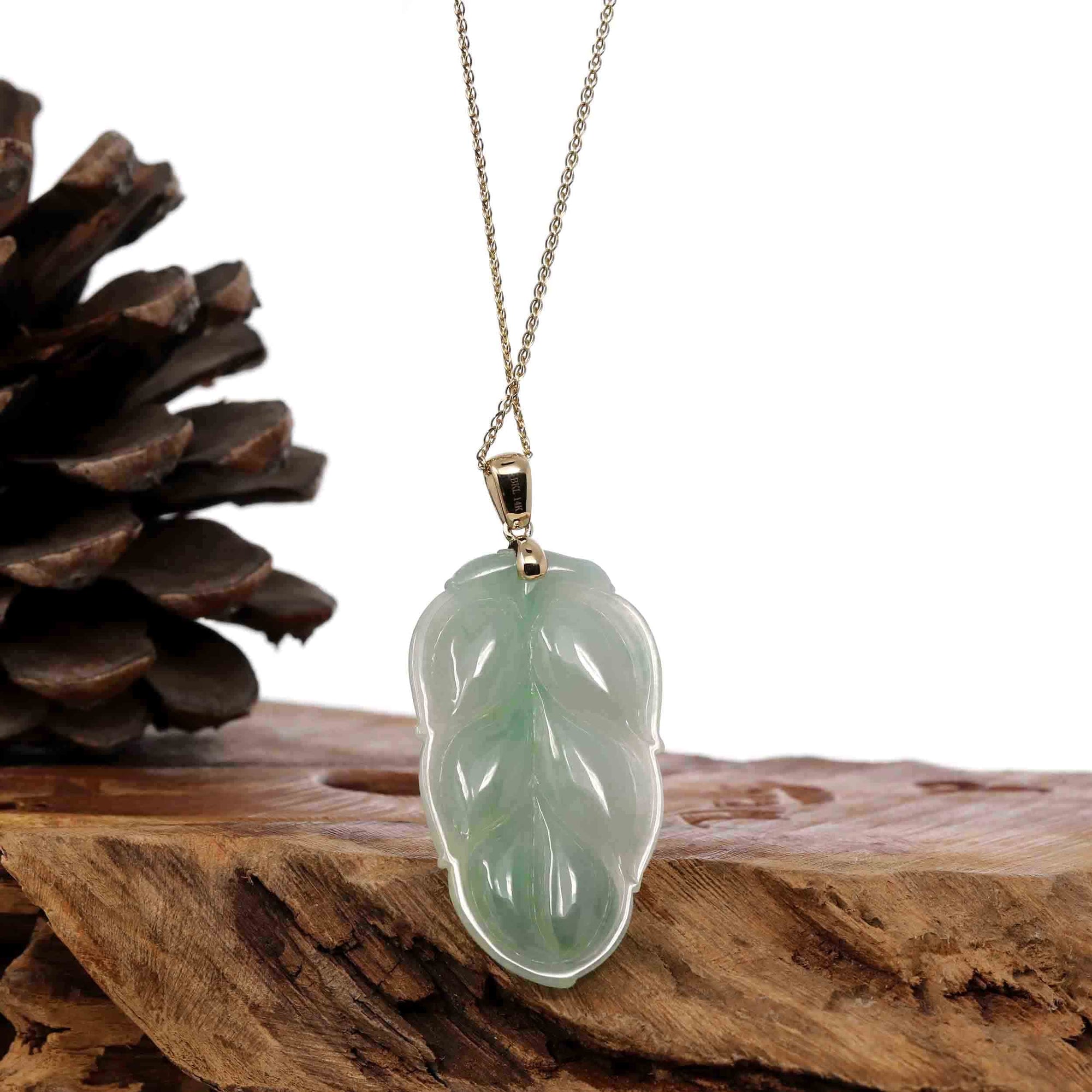 Baikalla Jewelry Jade Guanyin Pendant Necklace Copy of Copy of Genuine Ice Green Jadeite Jade Jin Zhi Yu Ye (Leaf) Necklace With White Gold Bail