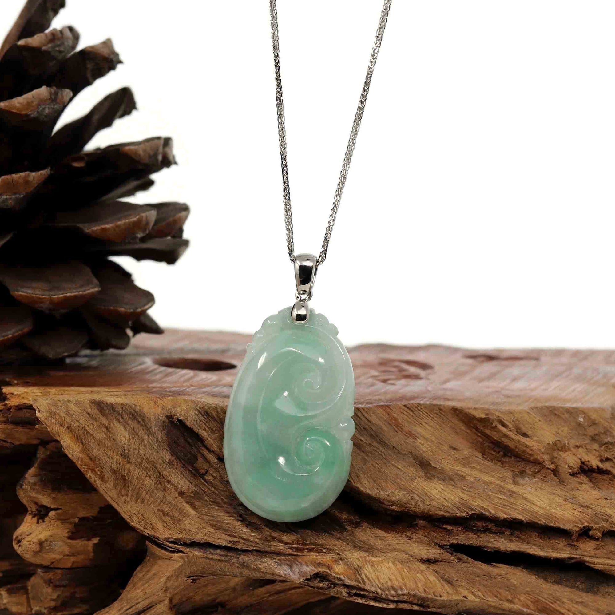 Baikalla Jewelry Jade Pendant Copy of Natural Green Jadeite Jade Ru Yi Necklace With 14k White Gold Bail