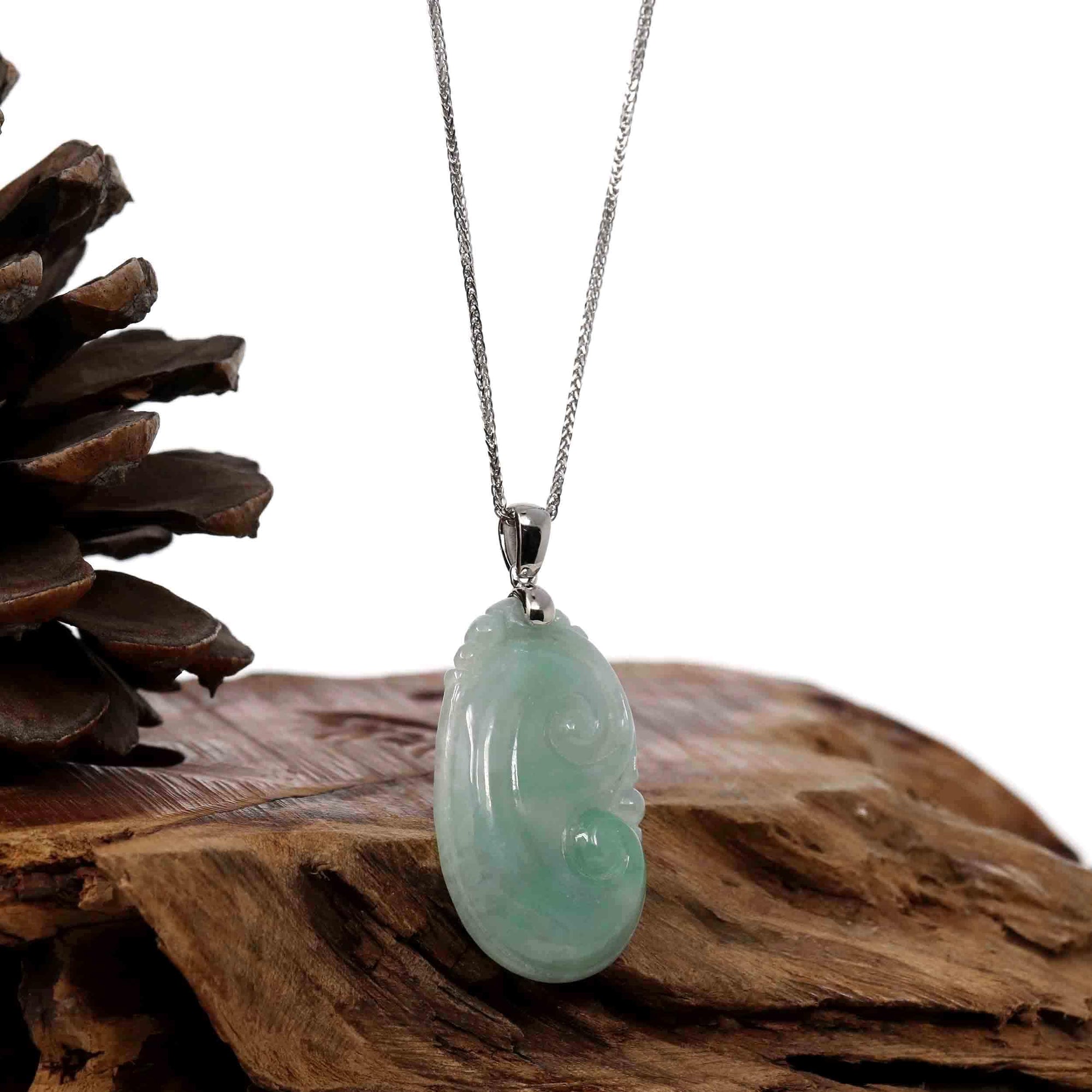 Baikalla Jewelry Jade Pendant Copy of Natural Green Jadeite Jade Ru Yi Necklace With 14k White Gold Bail