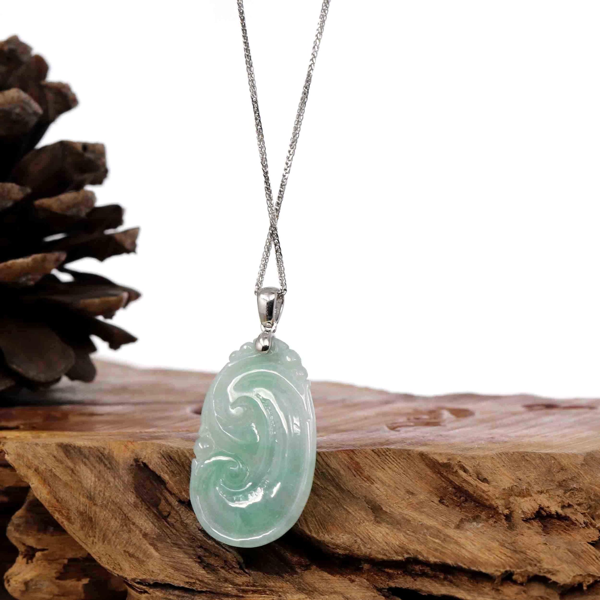 Baikalla Jewelry Jade Pendant Copy of Natural Green Jadeite Jade Ru Yi Necklace With 14k White Gold Bail