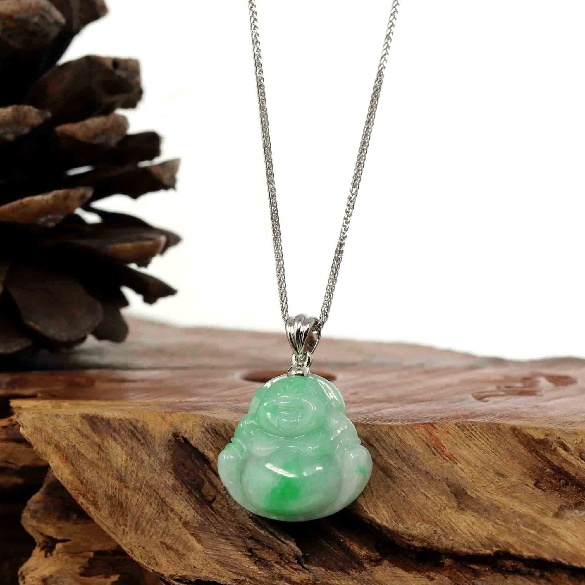 Baikalla Jewelry Jade Buddha Pendant Copy of Copy of Copy of Baikalla™ "Laughing Buddha" Genuine Vibrant Green Jadeite Buddha Pendant Necklace With 14k White Gold Bail