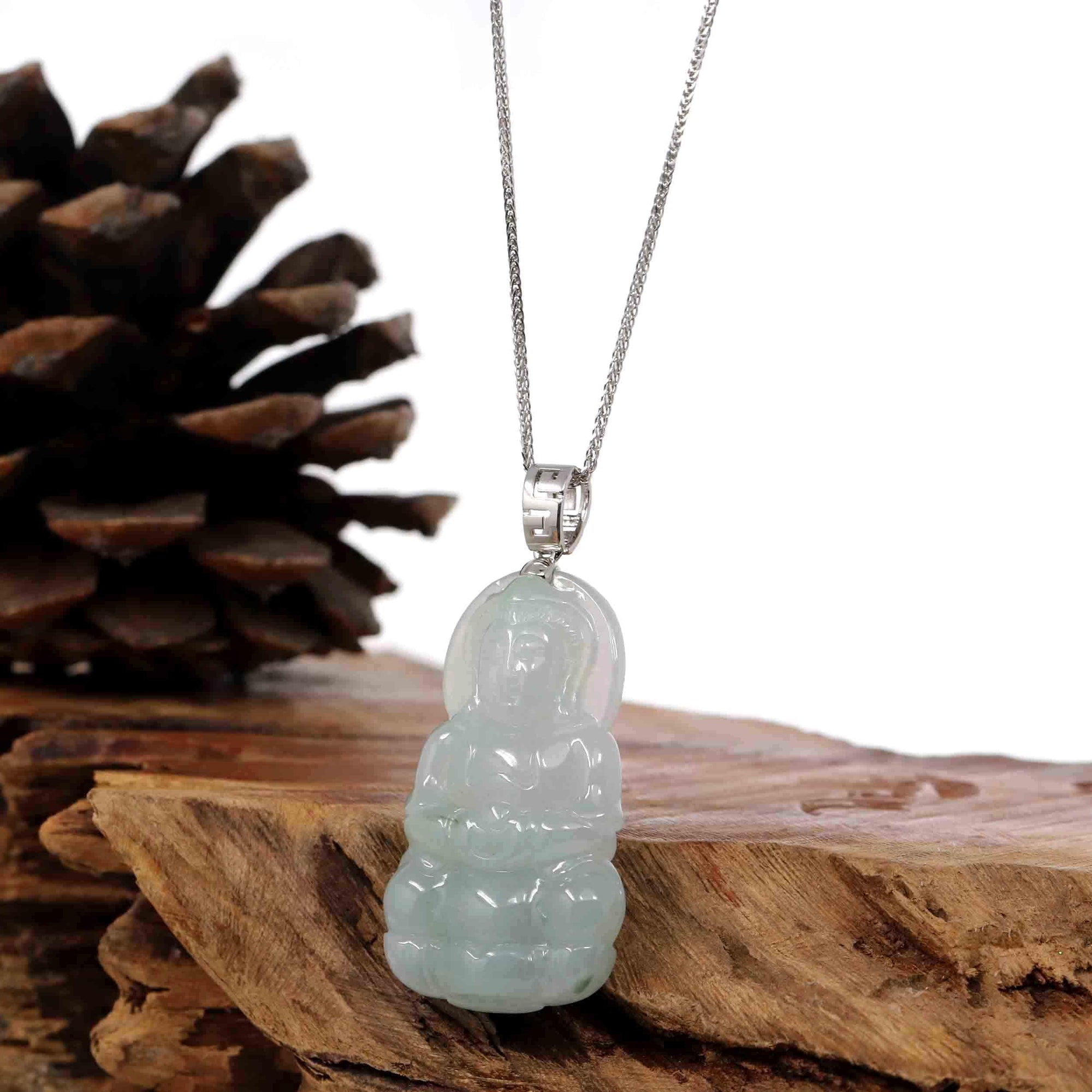 Baikalla Jewelry Jade Guanyin Pendant Necklace Copy of Baikalla "Goddess of Compassion" Genuine Burmese Ice Blue Jadeite Jade Guanyin Necklace With Good Luck Design 14K Gold  Bail