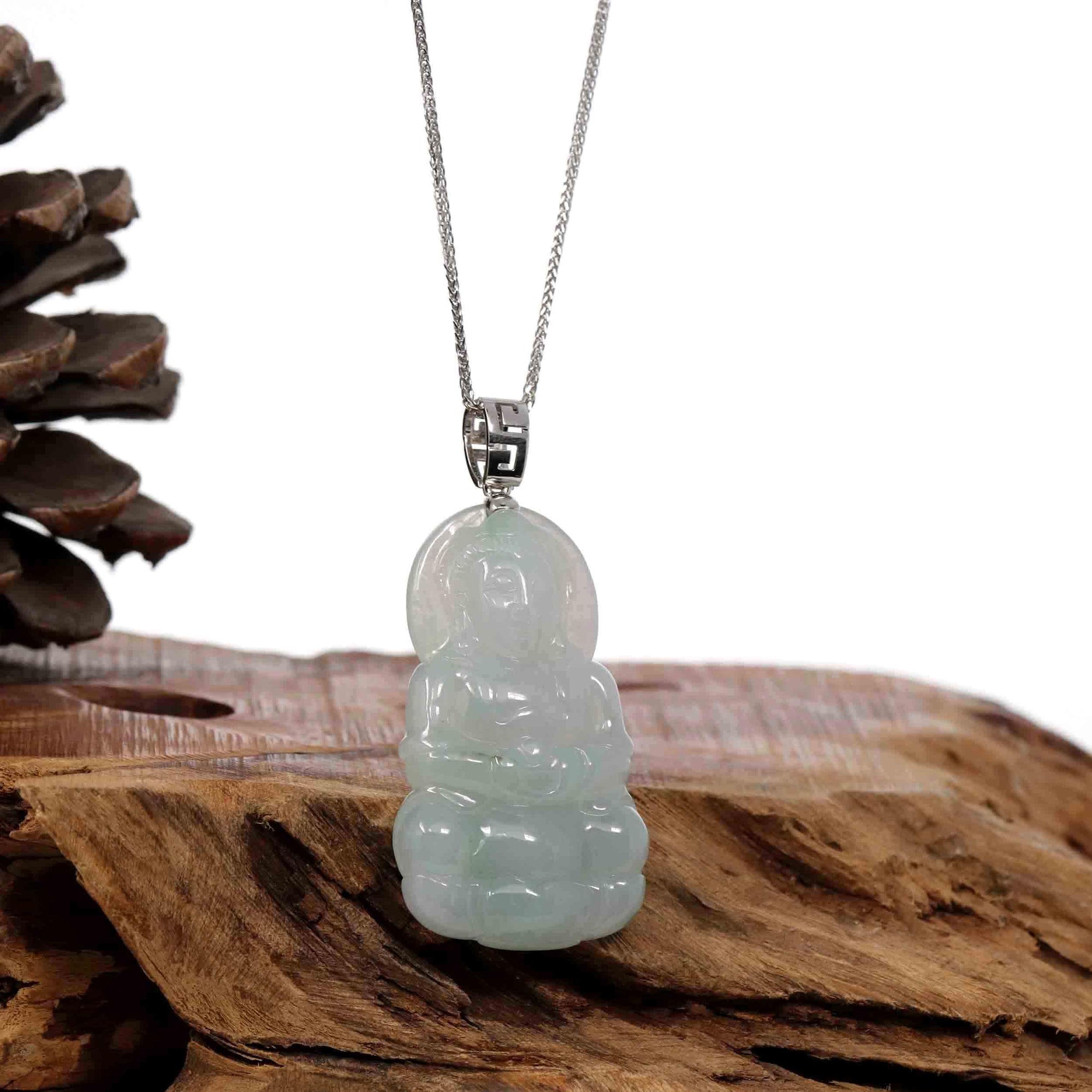 Baikalla Jewelry Jade Guanyin Pendant Necklace Copy of Baikalla "Goddess of Compassion" Genuine Burmese Ice Blue Jadeite Jade Guanyin Necklace With Good Luck Design 14K Gold  Bail