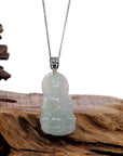 Baikalla Jewelry Jade Guanyin Pendant Necklace Copy of Baikalla "Goddess of Compassion" Genuine Burmese Ice Blue Jadeite Jade Guanyin Necklace With Good Luck Design 14K Gold  Bail