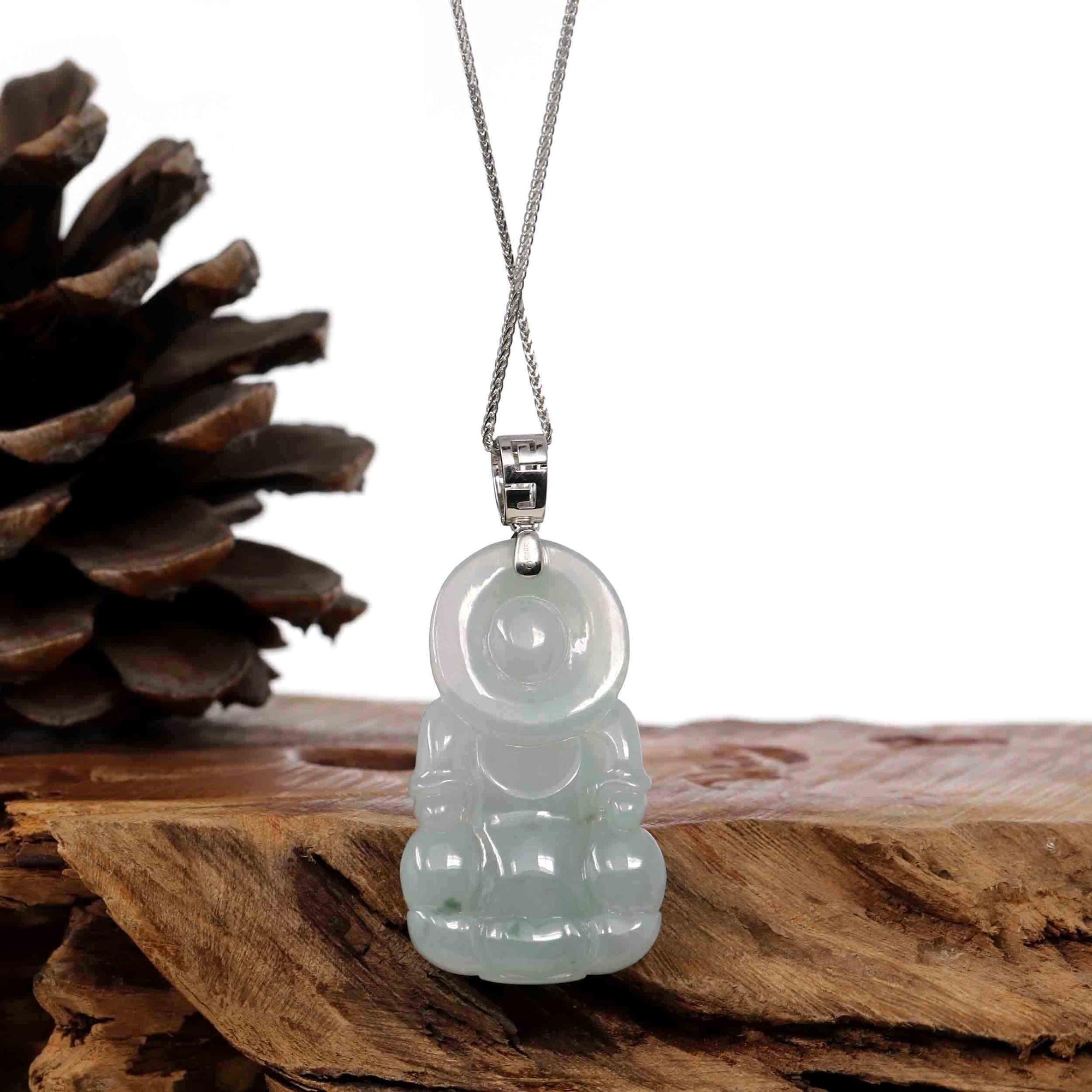 Baikalla Jewelry Jade Guanyin Pendant Necklace Copy of Baikalla "Goddess of Compassion" Genuine Burmese Ice Blue Jadeite Jade Guanyin Necklace With Good Luck Design 14K Gold  Bail