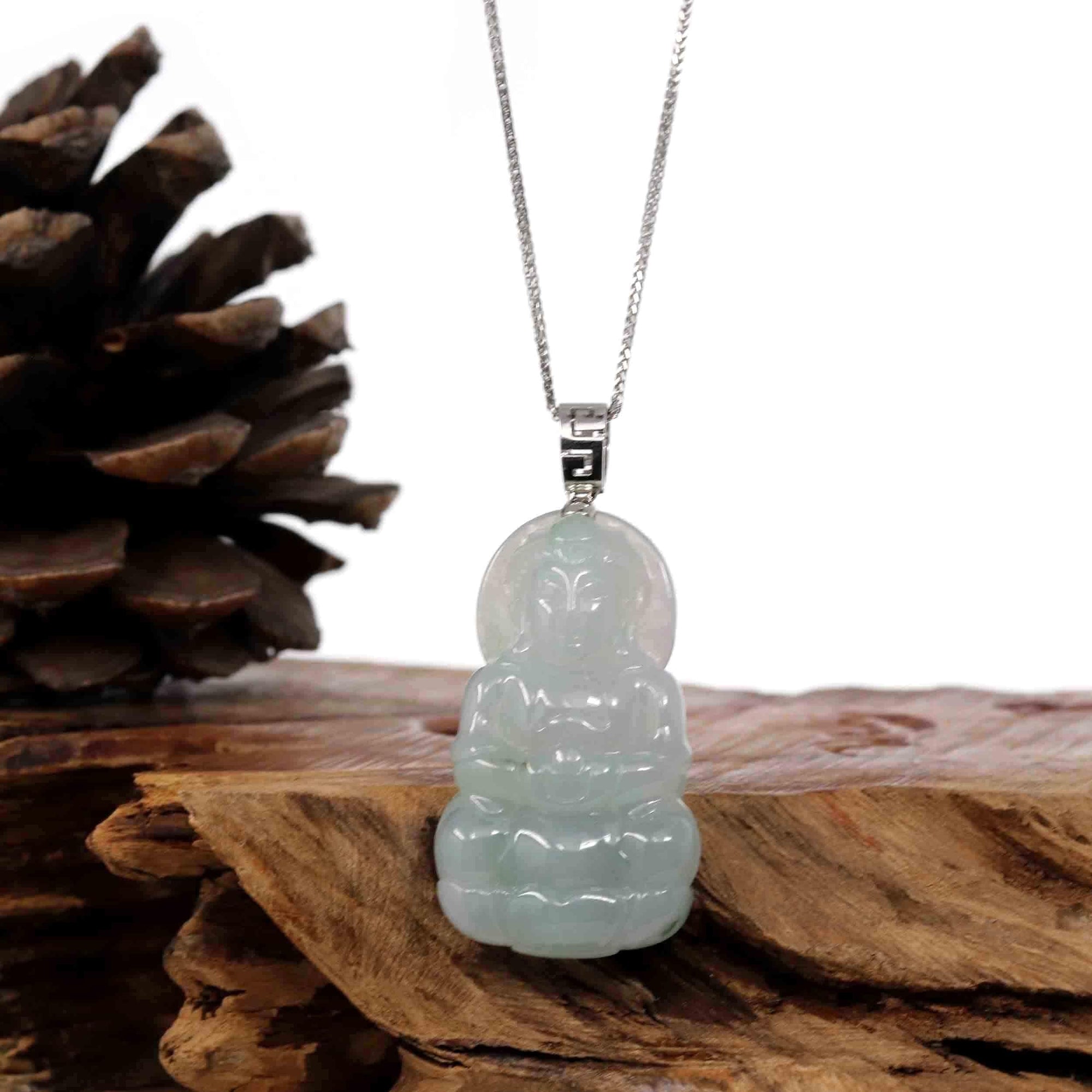 Baikalla Jewelry Jade Guanyin Pendant Necklace Copy of Baikalla "Goddess of Compassion" Genuine Burmese Ice Blue Jadeite Jade Guanyin Necklace With Good Luck Design 14K Gold  Bail