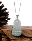 Baikalla Jewelry Jade Guanyin Pendant Necklace Copy of Baikalla "Goddess of Compassion" Genuine Burmese Ice Blue Jadeite Jade Guanyin Necklace With Good Luck Design 14K Gold  Bail