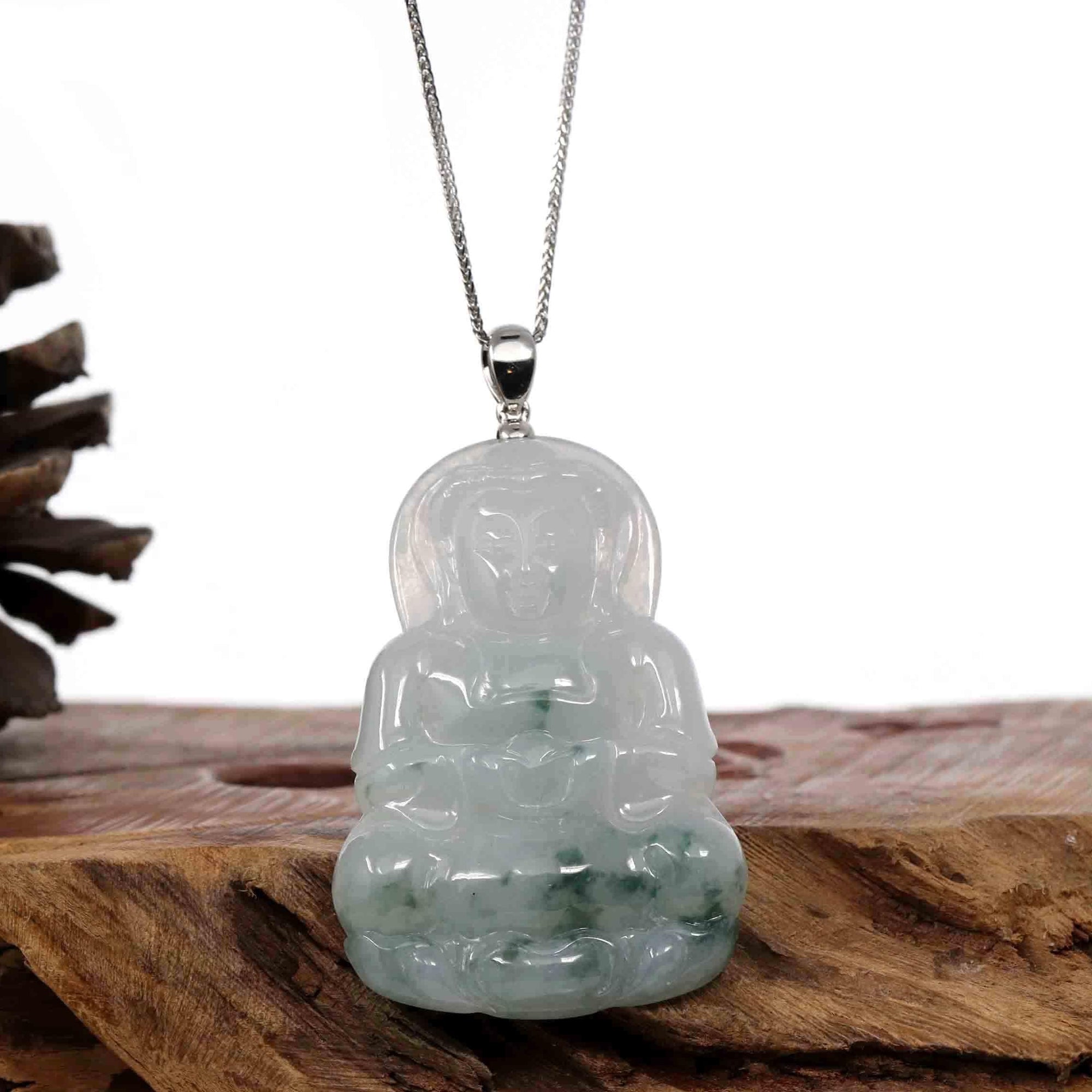 Baikalla Jewelry Jade Guanyin Pendant Necklace Copy of Copy of Baikalla "Goddess of Compassion" Genuine Burmese Ice Blue Jadeite Jade Guanyin Necklace With Good Luck Design 14K Gold  Bail