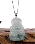 Baikalla Jewelry Jade Guanyin Pendant Necklace Copy of Copy of Baikalla "Goddess of Compassion" Genuine Burmese Ice Blue Jadeite Jade Guanyin Necklace With Good Luck Design 14K Gold  Bail