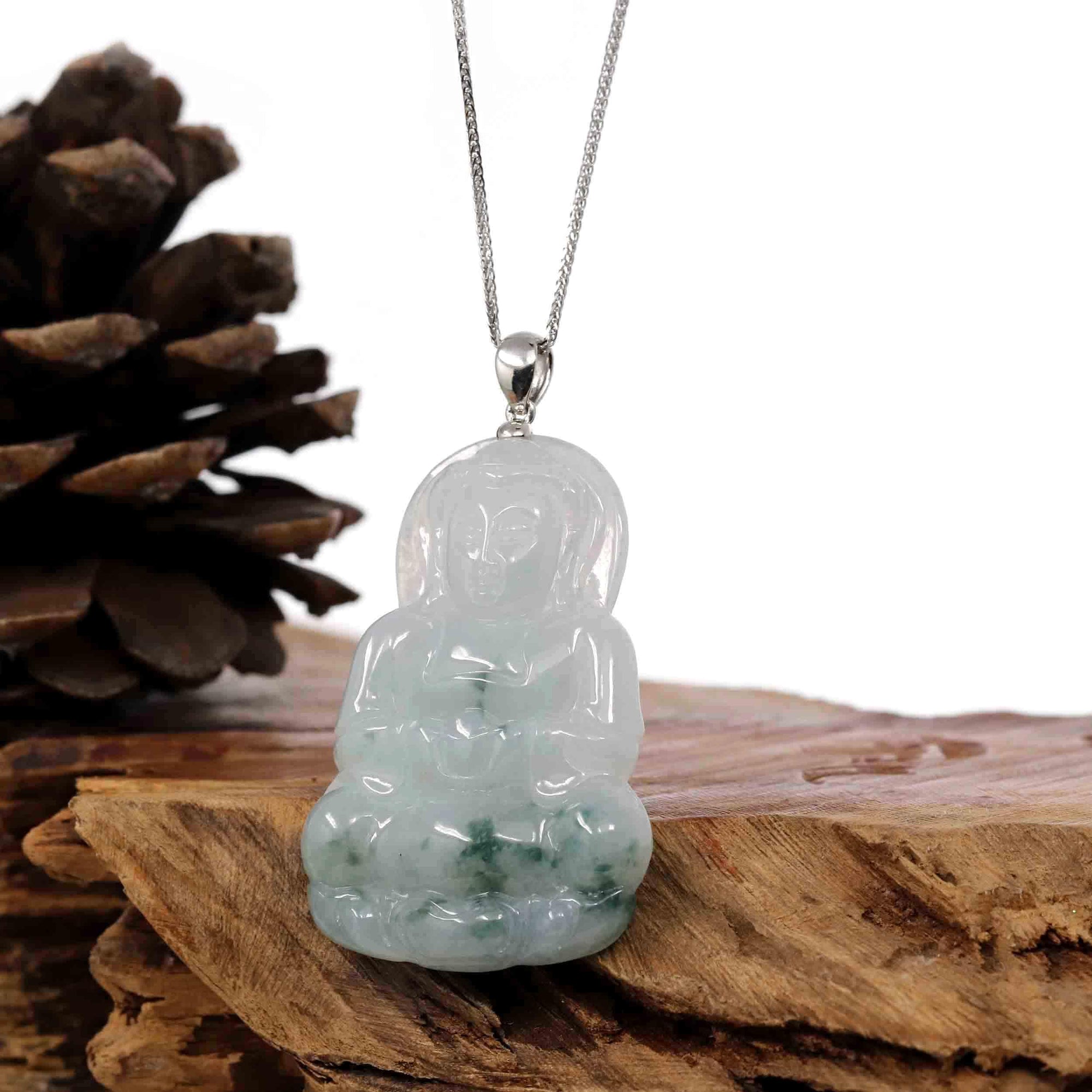 Baikalla Jewelry Jade Guanyin Pendant Necklace Copy of Copy of Baikalla &quot;Goddess of Compassion&quot; Genuine Burmese Ice Blue Jadeite Jade Guanyin Necklace With Good Luck Design 14K Gold  Bail