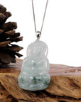 Baikalla Jewelry Jade Guanyin Pendant Necklace Copy of Copy of Baikalla "Goddess of Compassion" Genuine Burmese Ice Blue Jadeite Jade Guanyin Necklace With Good Luck Design 14K Gold  Bail