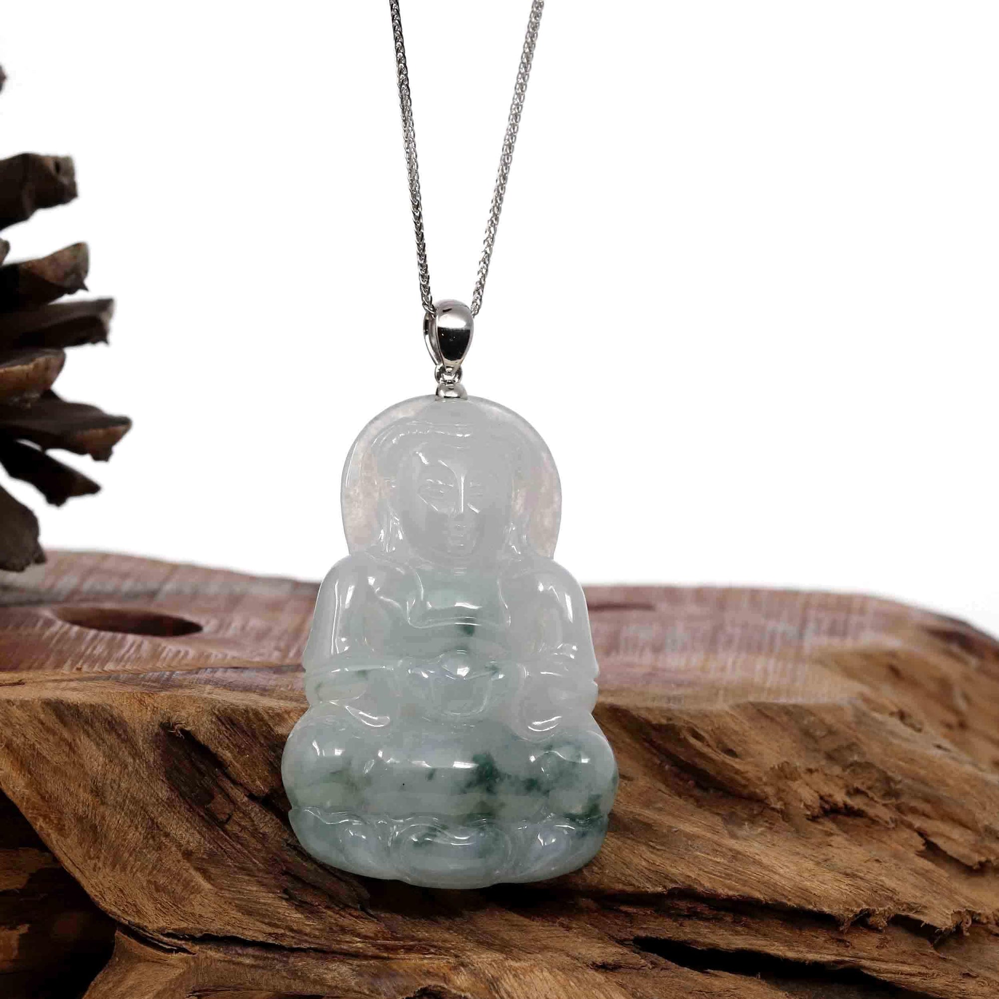 Baikalla Jewelry Jade Guanyin Pendant Necklace Copy of Copy of Baikalla &quot;Goddess of Compassion&quot; Genuine Burmese Ice Blue Jadeite Jade Guanyin Necklace With Good Luck Design 14K Gold  Bail