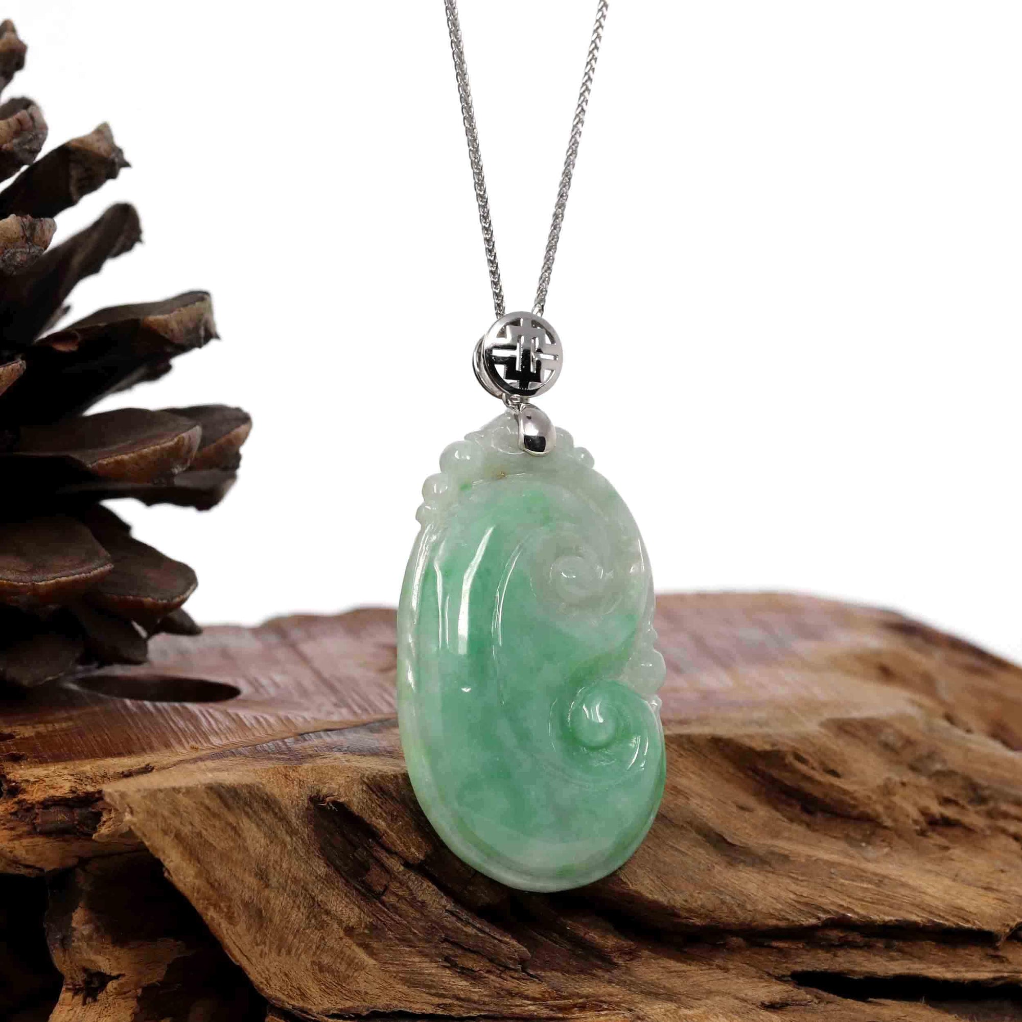 Baikalla Jewelry Jade Pendant Copy of Copy of Natural Green Jadeite Jade Ru Yi Necklace With 14k White Gold Bail