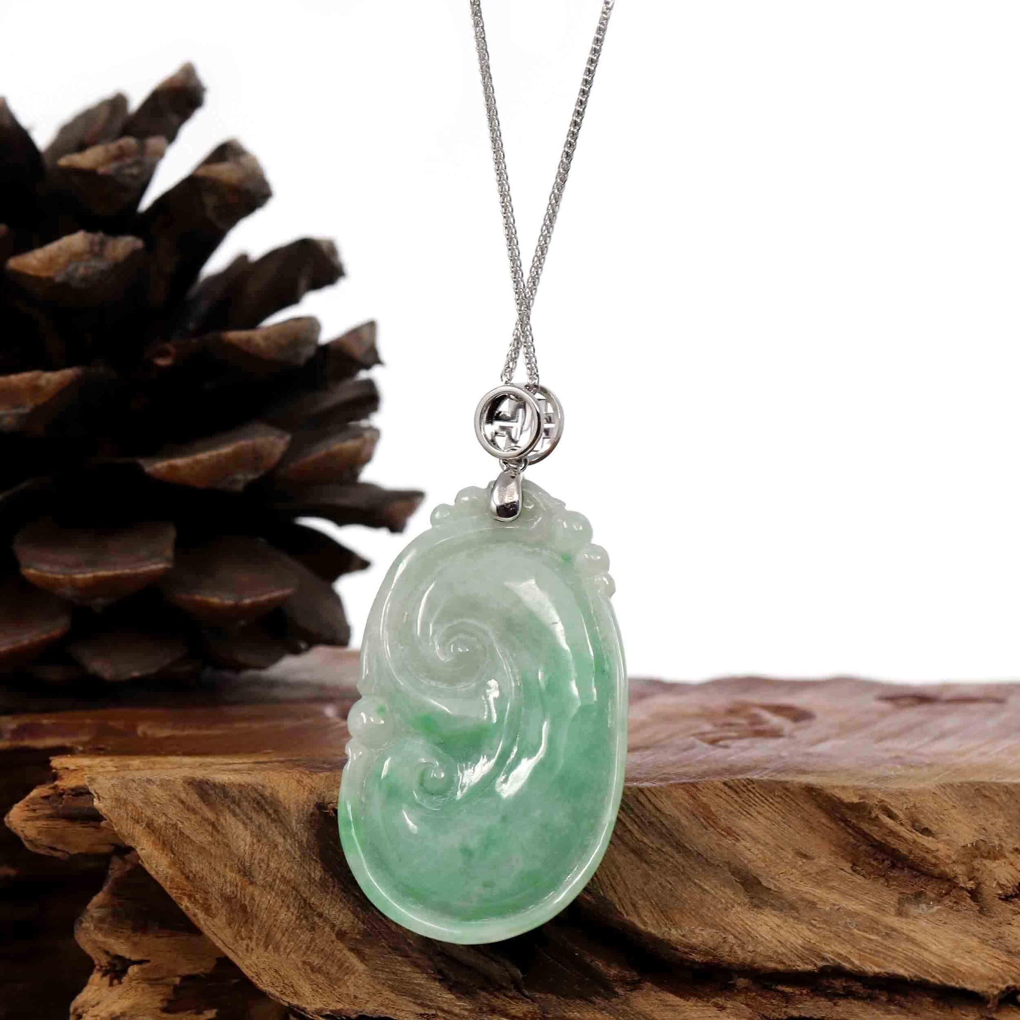 Baikalla Jewelry Jade Pendant Copy of Copy of Natural Green Jadeite Jade Ru Yi Necklace With 14k White Gold Bail