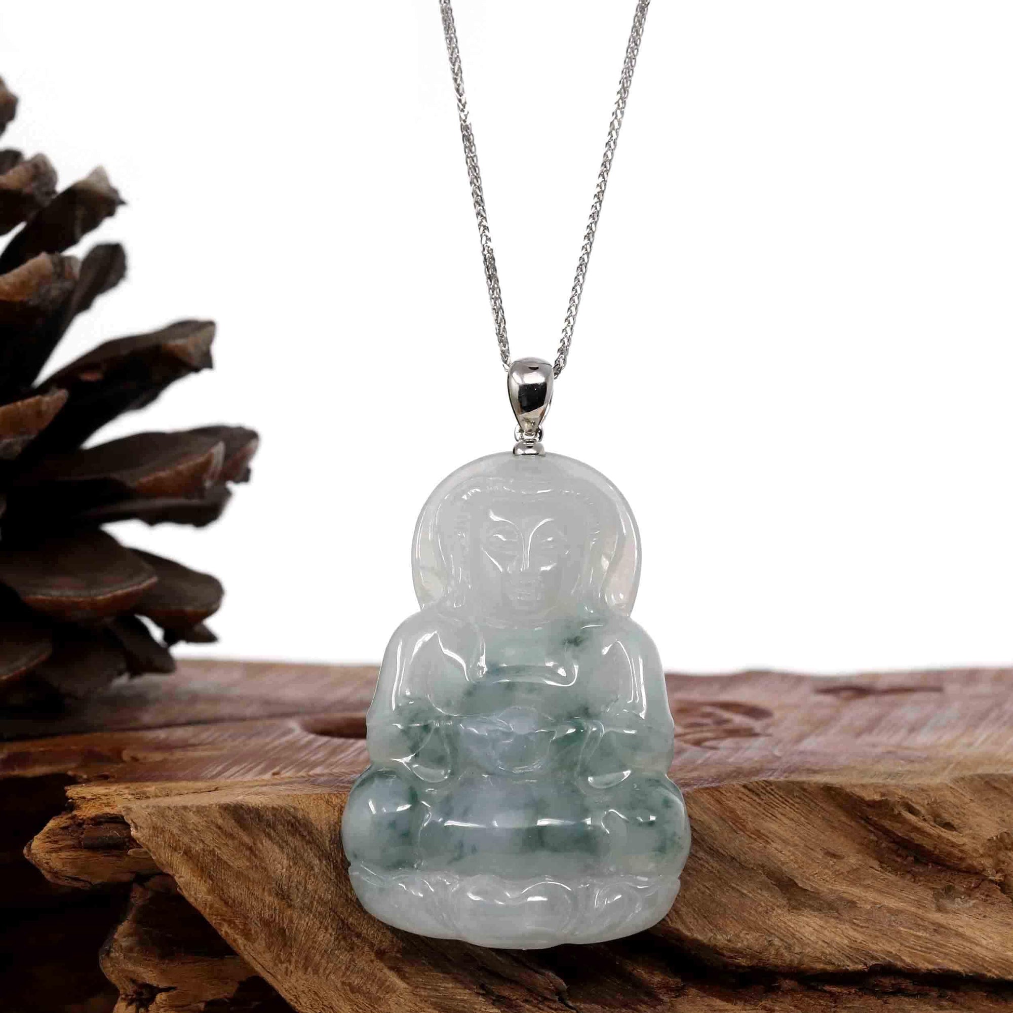 Baikalla Jewelry Jade Guanyin Pendant Necklace Copy of Copy of Copy of Baikalla "Goddess of Compassion" Genuine Burmese Ice Blue Jadeite Jade Guanyin Necklace With Good Luck Design 14K Gold  Bail