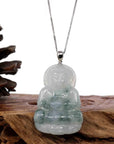 Baikalla Jewelry Jade Guanyin Pendant Necklace Copy of Copy of Copy of Baikalla "Goddess of Compassion" Genuine Burmese Ice Blue Jadeite Jade Guanyin Necklace With Good Luck Design 14K Gold  Bail