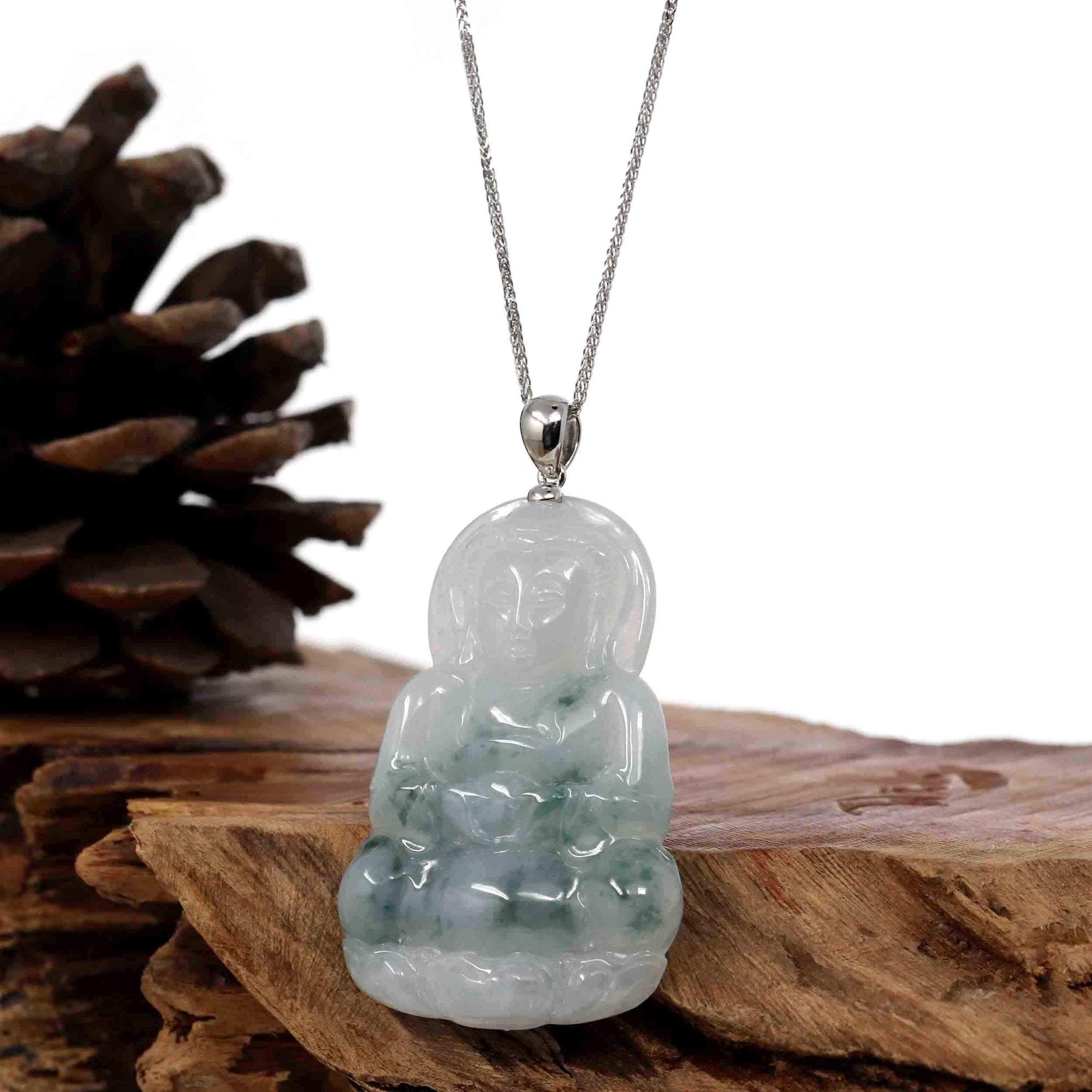 Baikalla Jewelry Jade Guanyin Pendant Necklace Copy of Copy of Copy of Baikalla "Goddess of Compassion" Genuine Burmese Ice Blue Jadeite Jade Guanyin Necklace With Good Luck Design 14K Gold  Bail