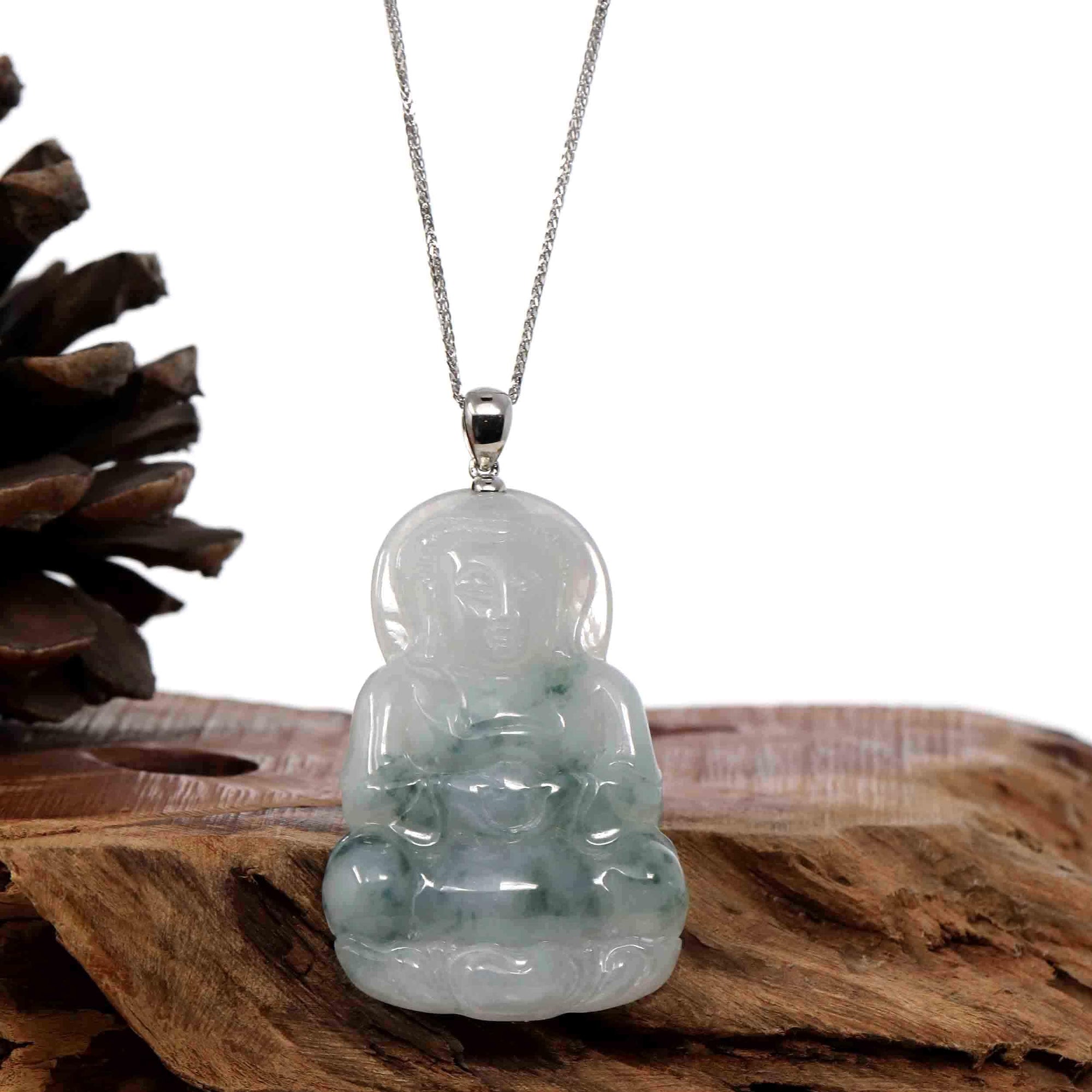 Baikalla Jewelry Jade Guanyin Pendant Necklace Copy of Copy of Copy of Baikalla "Goddess of Compassion" Genuine Burmese Ice Blue Jadeite Jade Guanyin Necklace With Good Luck Design 14K Gold  Bail