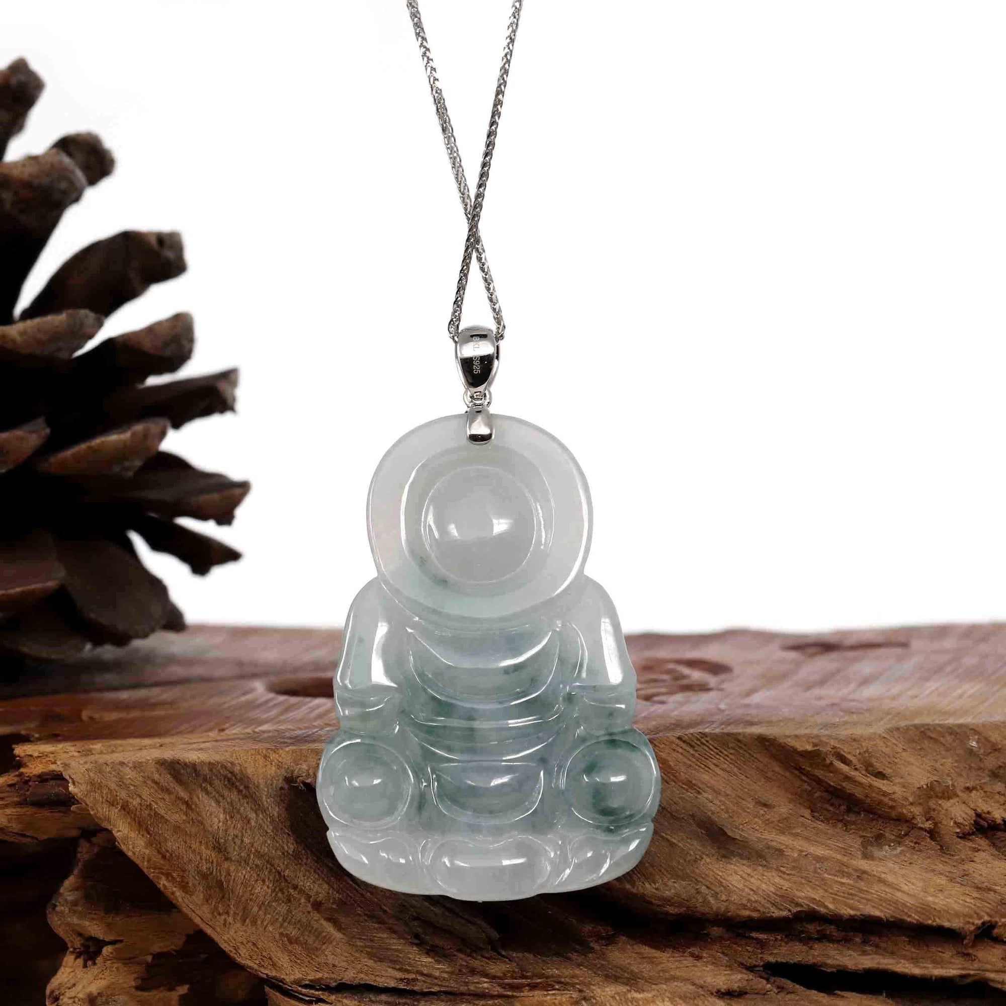 Baikalla Jewelry Jade Guanyin Pendant Necklace Copy of Copy of Copy of Baikalla "Goddess of Compassion" Genuine Burmese Ice Blue Jadeite Jade Guanyin Necklace With Good Luck Design 14K Gold  Bail