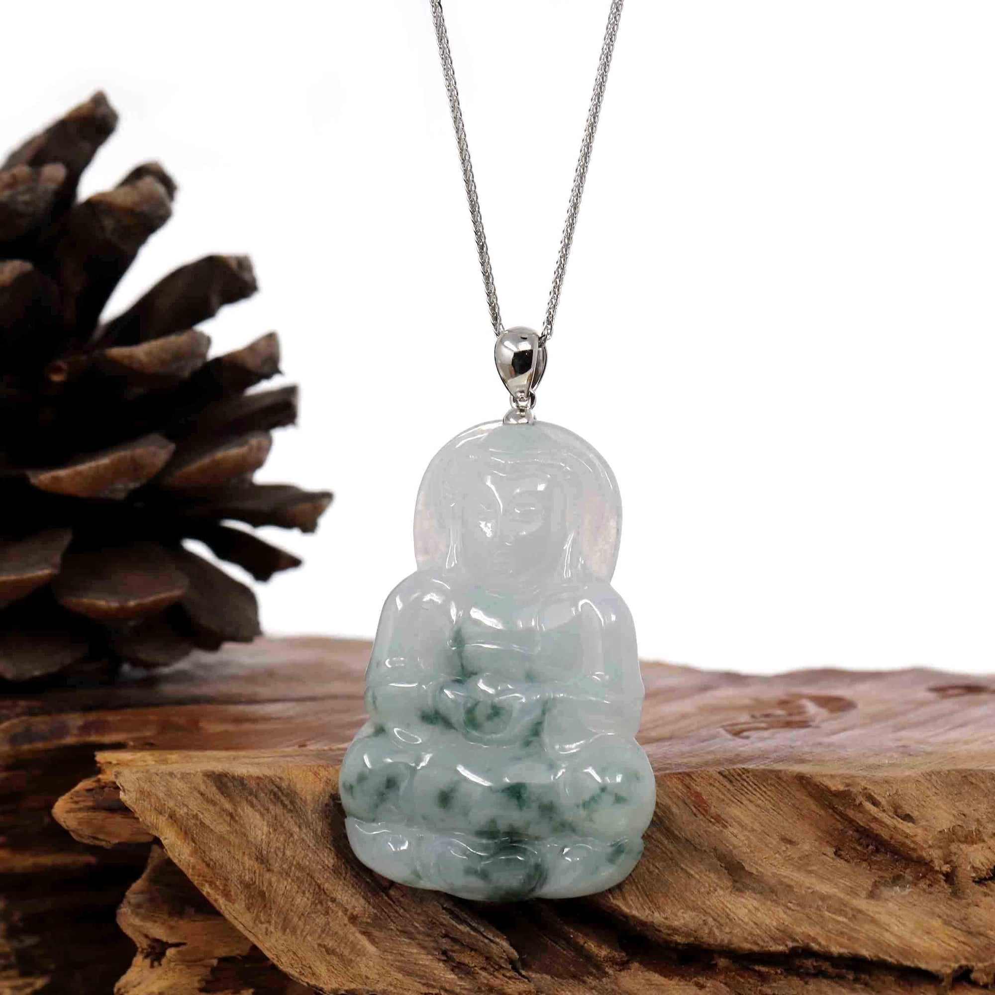 Baikalla Jewelry Jade Guanyin Pendant Necklace Copy of Copy of Copy of Copy of Baikalla &quot;Goddess of Compassion&quot; Genuine Burmese Ice Blue Jadeite Jade Guanyin Necklace With Good Luck Design 14K Gold  Bail