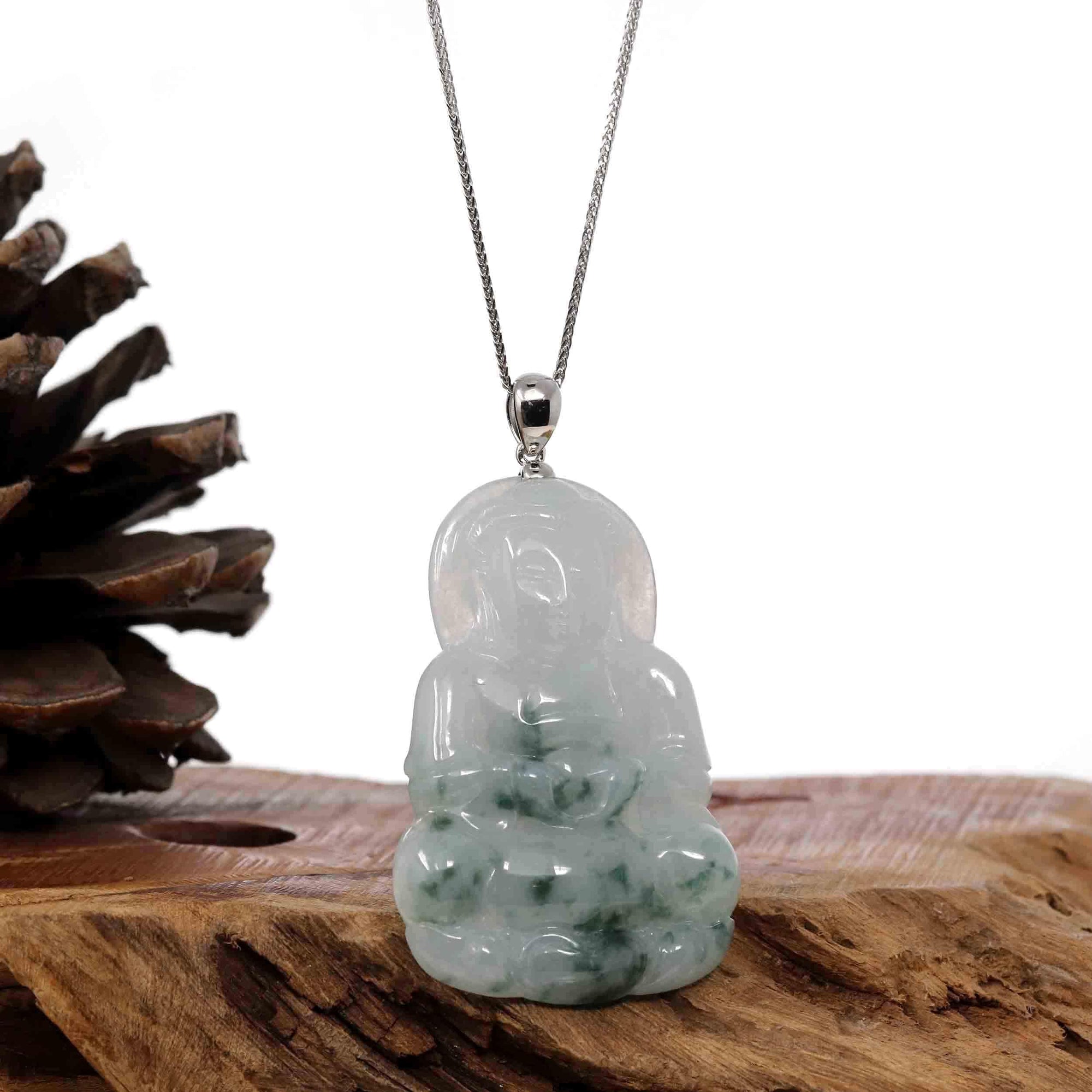 Baikalla Jewelry Jade Guanyin Pendant Necklace Copy of Copy of Copy of Copy of Baikalla &quot;Goddess of Compassion&quot; Genuine Burmese Ice Blue Jadeite Jade Guanyin Necklace With Good Luck Design 14K Gold  Bail