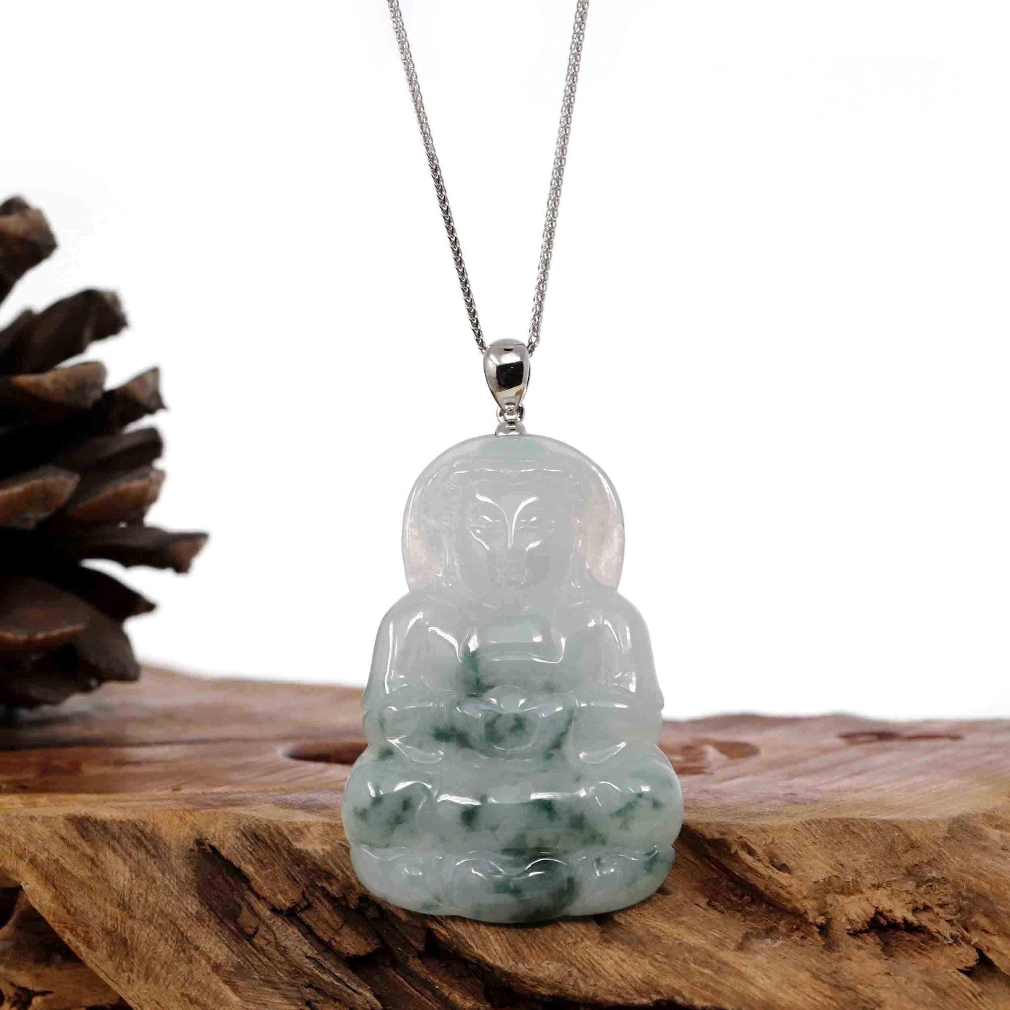 Baikalla Jewelry Jade Guanyin Pendant Necklace Copy of Copy of Copy of Copy of Baikalla &quot;Goddess of Compassion&quot; Genuine Burmese Ice Blue Jadeite Jade Guanyin Necklace With Good Luck Design 14K Gold  Bail