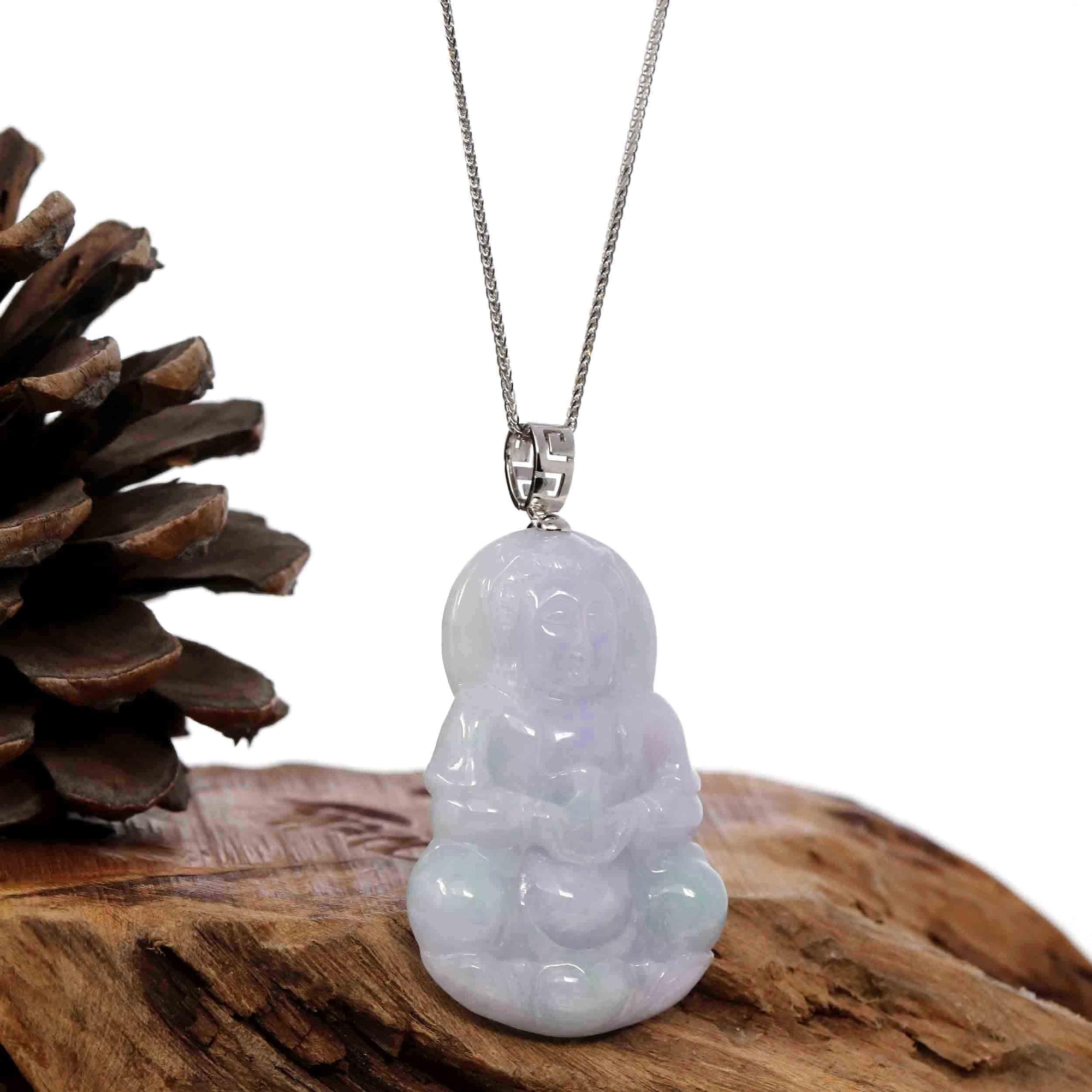 Baikalla Jewelry Jade Guanyin Pendant Necklace Copy of "Goddess of Compassion" 14k Yellow Gold Genuine Burmese Jadeite Jade Guanyin Necklace With Good Luck Design