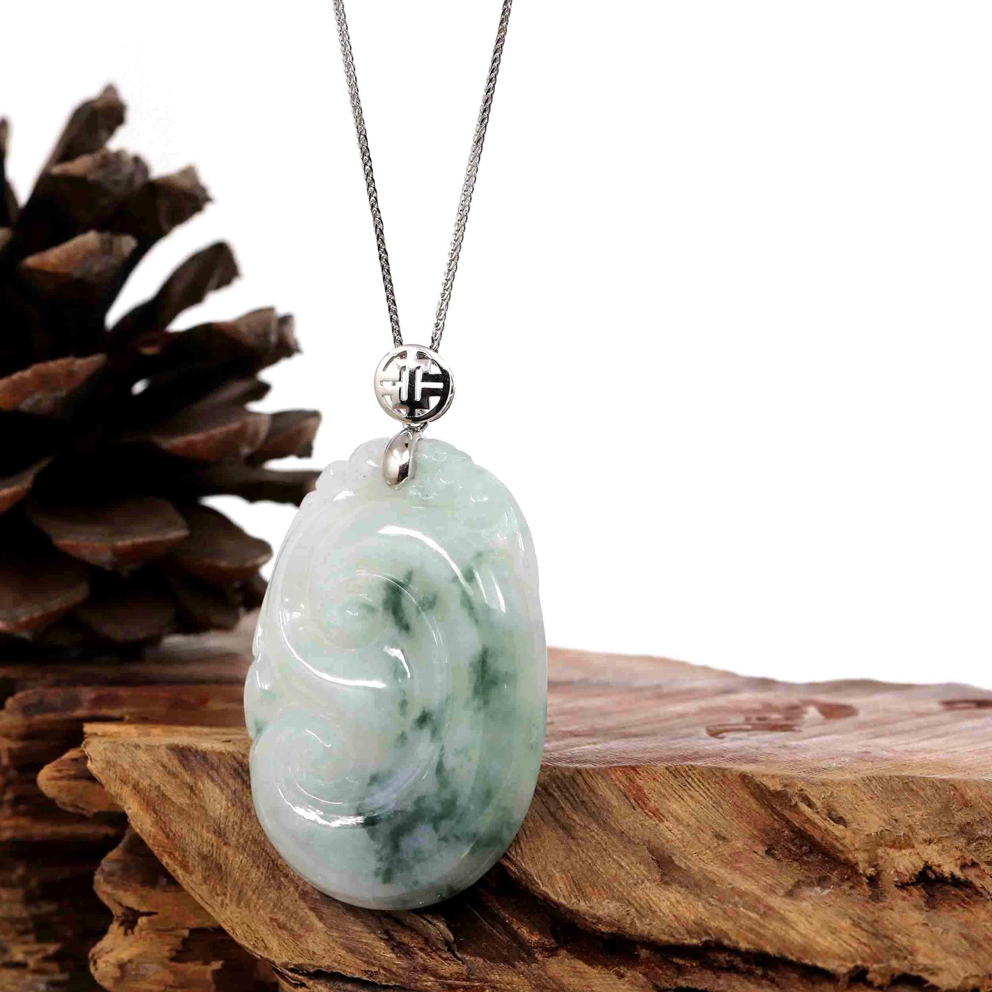 Baikalla Jewelry 18k Gold Jadeite Pendant Copy of Copy of Genuine Burmese Ice Blue Jadeite RuYi Pendant with 18k White Gold Bail