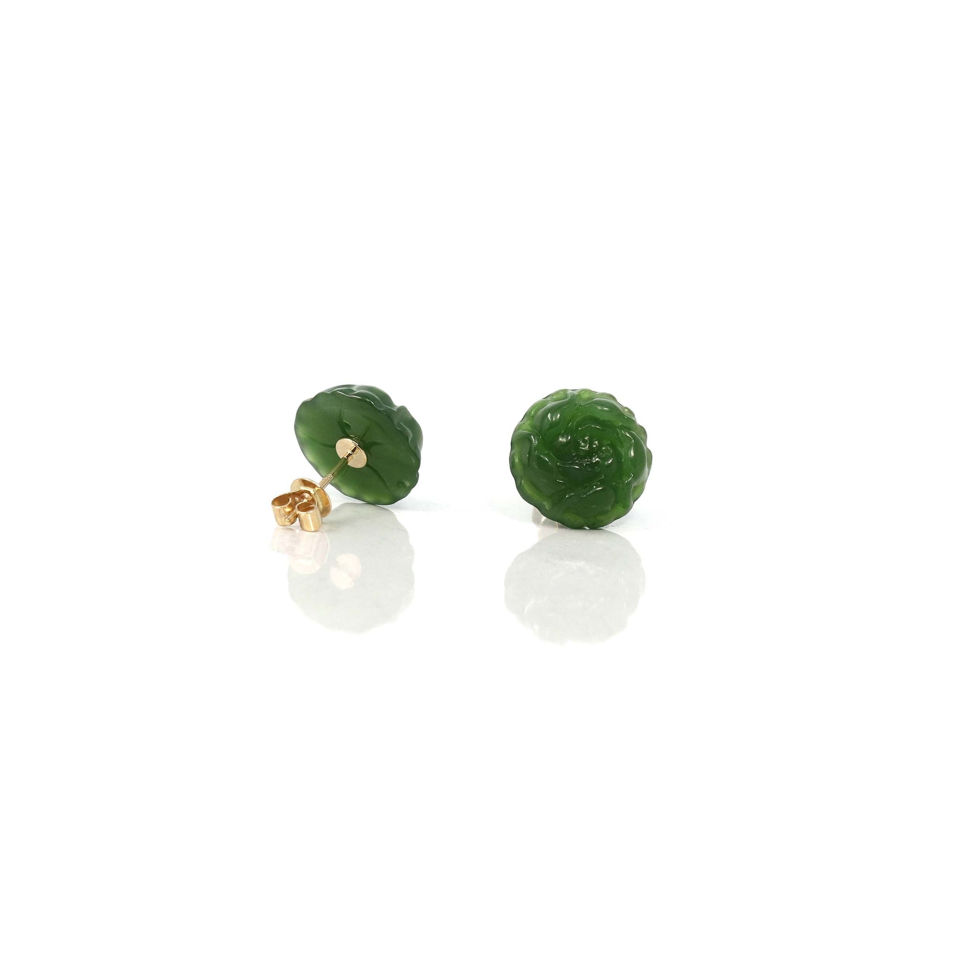 Baikalla Jewelry Gold Jade Earrings 18K Yellow Solid Gold Baikalla™ "Peony Flowers" 18k Solid Gold Real Green Jade Peony Flower Earrings