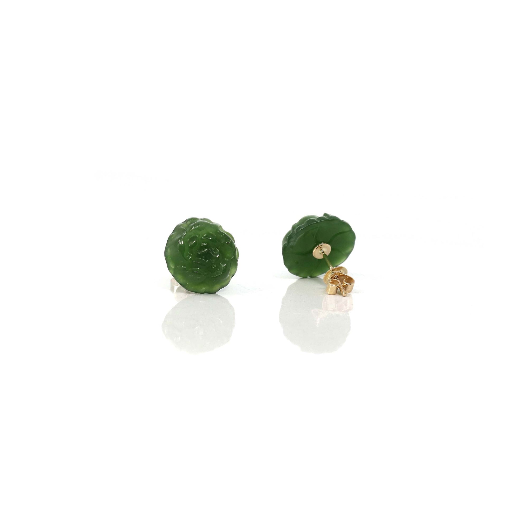 Baikalla Jewelry Gold Jade Earrings Baikalla™ &quot;Peony Flowers&quot; 18k Solid Gold Real Green Jade Peony Flower Earrings