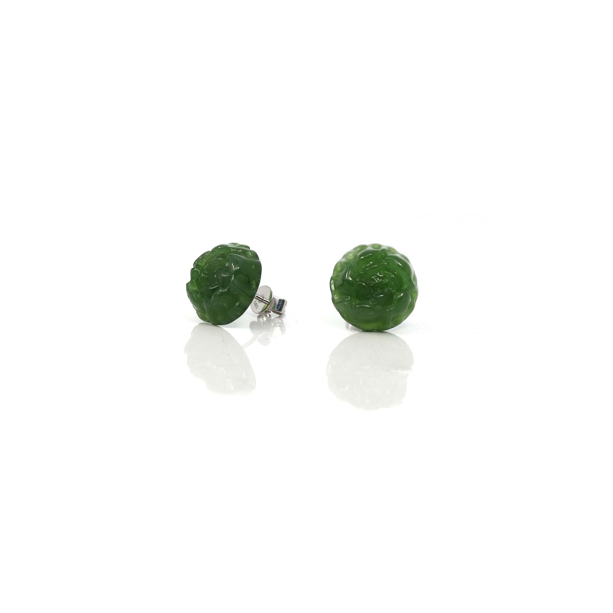 Baikalla Jewelry Gold Jade Earrings Baikalla™ "Peony Flowers" 18k Solid Gold Real Green Jade Peony Flower Earrings