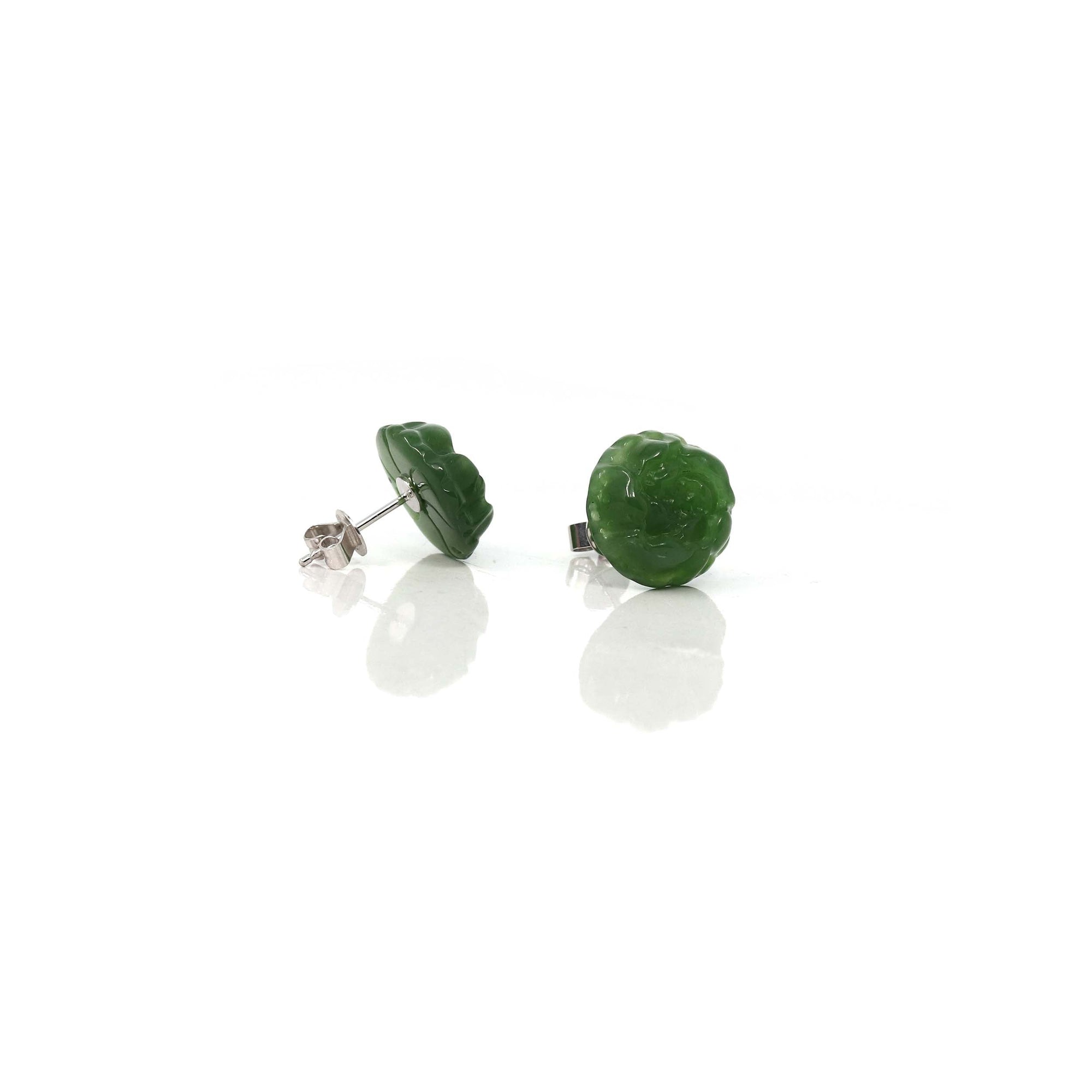 Baikalla Jewelry Gold Jade Earrings 18K White Solid Gold Baikalla™ &quot;Peony Flowers&quot; 18k Solid Gold Real Green Jade Peony Flower Earrings