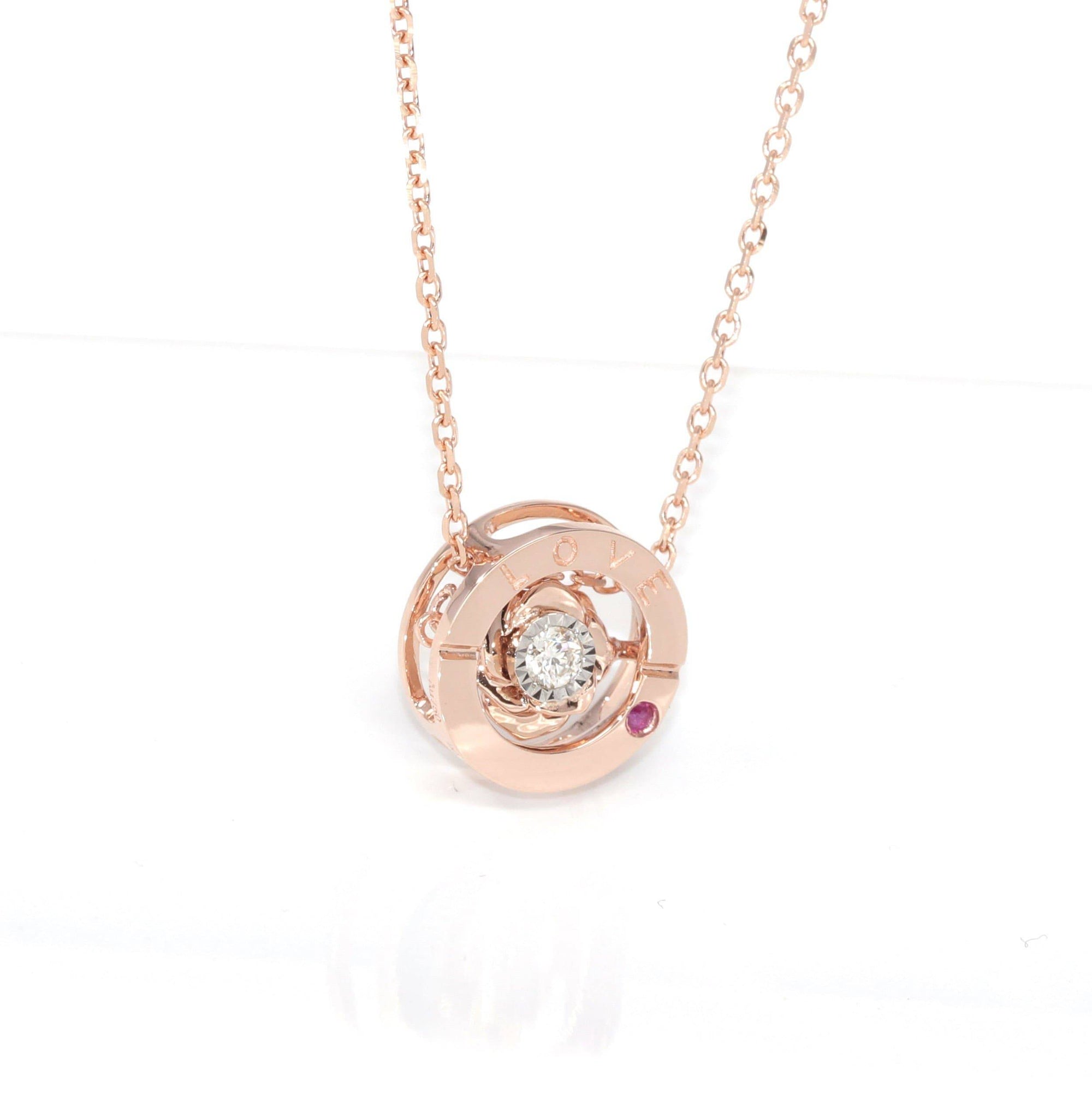 Baikalla Jewelry Baikalla™ Love Collection 18K Rose Gold Genuine Red Ruby &amp; Diamond Round Rose Flower Love Necklace