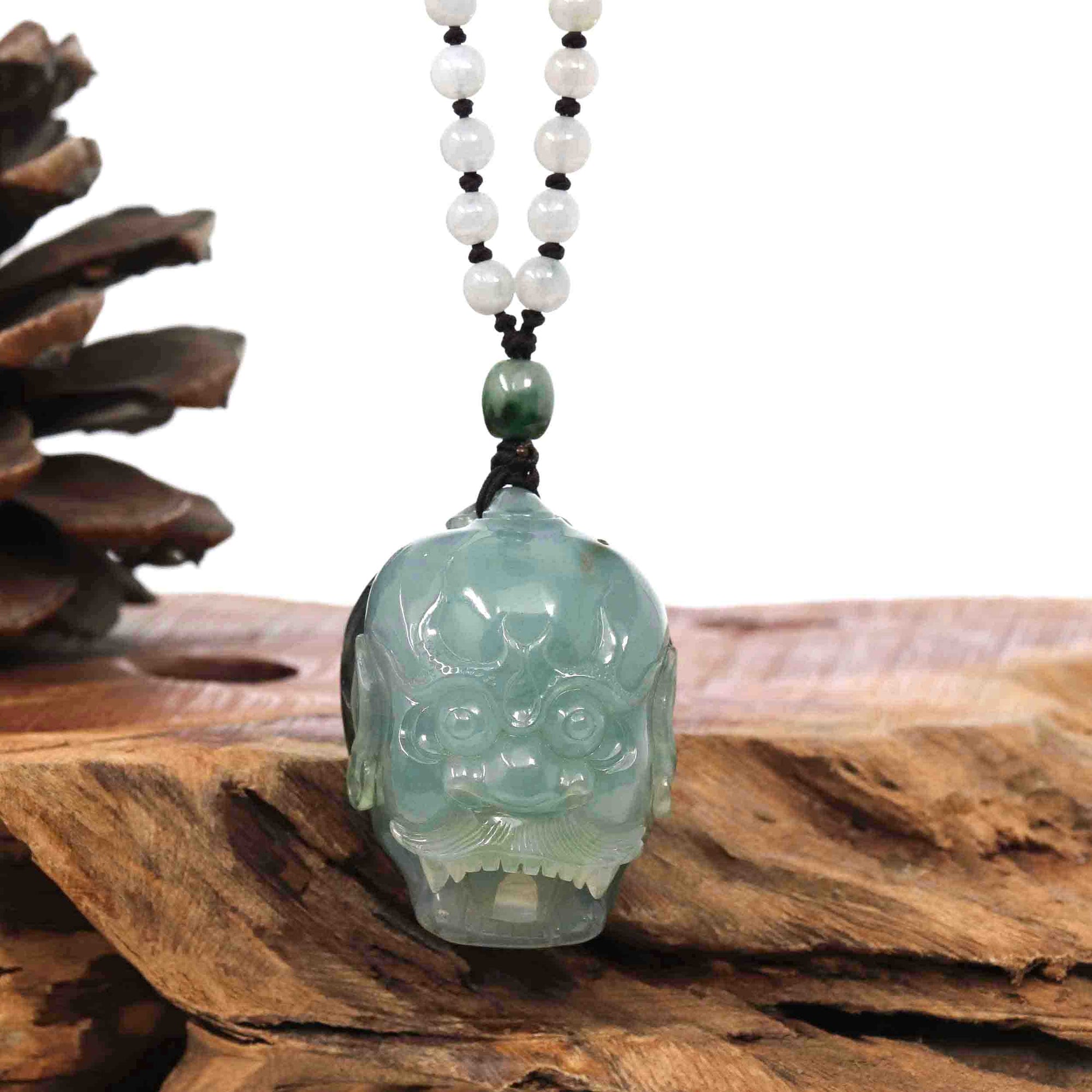 Baikalla Jewelry Jade Carving Necklace Baikalla™ Demon Hunter&quot; (Zhong Kui) Natural Jadeite Dark Green to Deep Blue Jade Necklace, Collector&#39;s piece