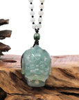 Baikalla Jewelry Jade Carving Necklace Baikalla™ Demon Hunter" (Zhong Kui) Natural Jadeite Dark Green to Deep Blue Jade Necklace, Collector's piece