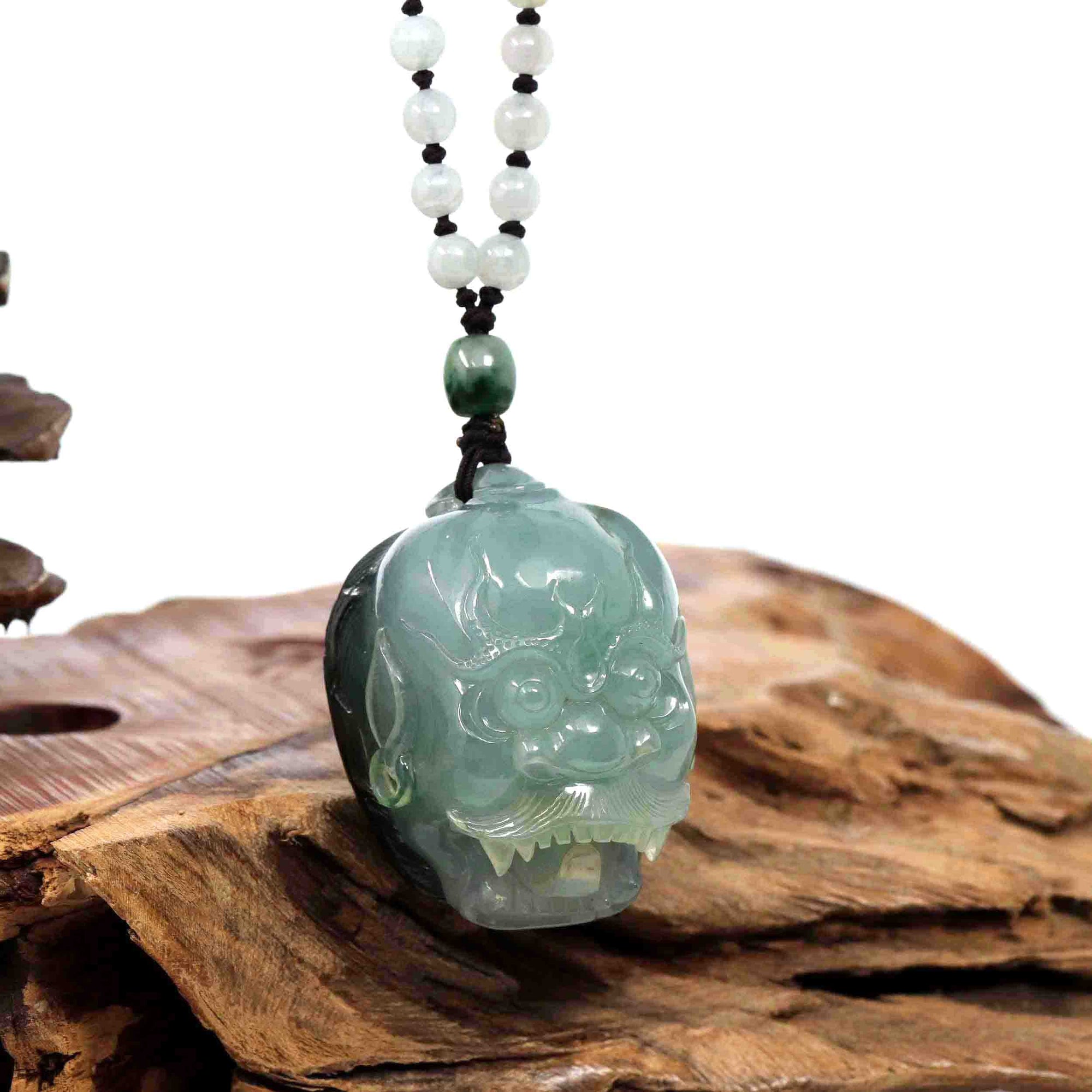 Baikalla Jewelry Jade Carving Necklace Baikalla™ Demon Hunter&quot; (Zhong Kui) Natural Jadeite Dark Green to Deep Blue Jade Necklace, Collector&#39;s piece