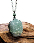 Baikalla Jewelry Jade Carving Necklace Baikalla™ Demon Hunter" (Zhong Kui) Natural Jadeite Dark Green to Deep Blue Jade Necklace, Collector's piece