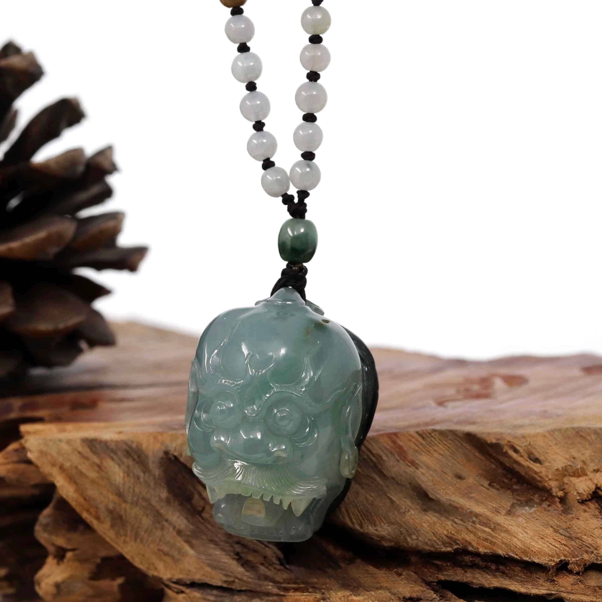 Baikalla Jewelry Jade Carving Necklace Baikalla™ The Demon Hunter&quot; (Zhong Kui) Natural Jadeite Dark Green to Deep Blue Jade Necklace, Collector&#39;s piece