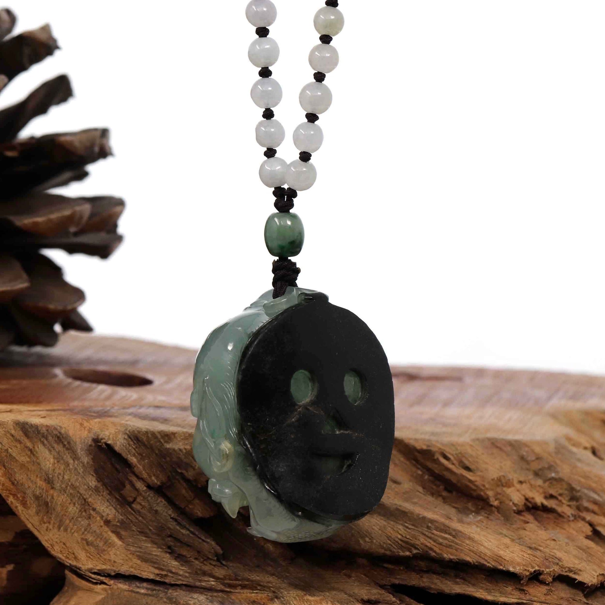 Baikalla Jewelry Jade Carving Necklace Baikalla™ The Demon Hunter&quot; (Zhong Kui) Natural Jadeite Dark Green to Deep Blue Jade Necklace, Collector&#39;s piece