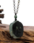 Baikalla Jewelry Jade Carving Necklace Baikalla™ The Demon Hunter" (Zhong Kui) Natural Jadeite Dark Green to Deep Blue Jade Necklace, Collector's piece