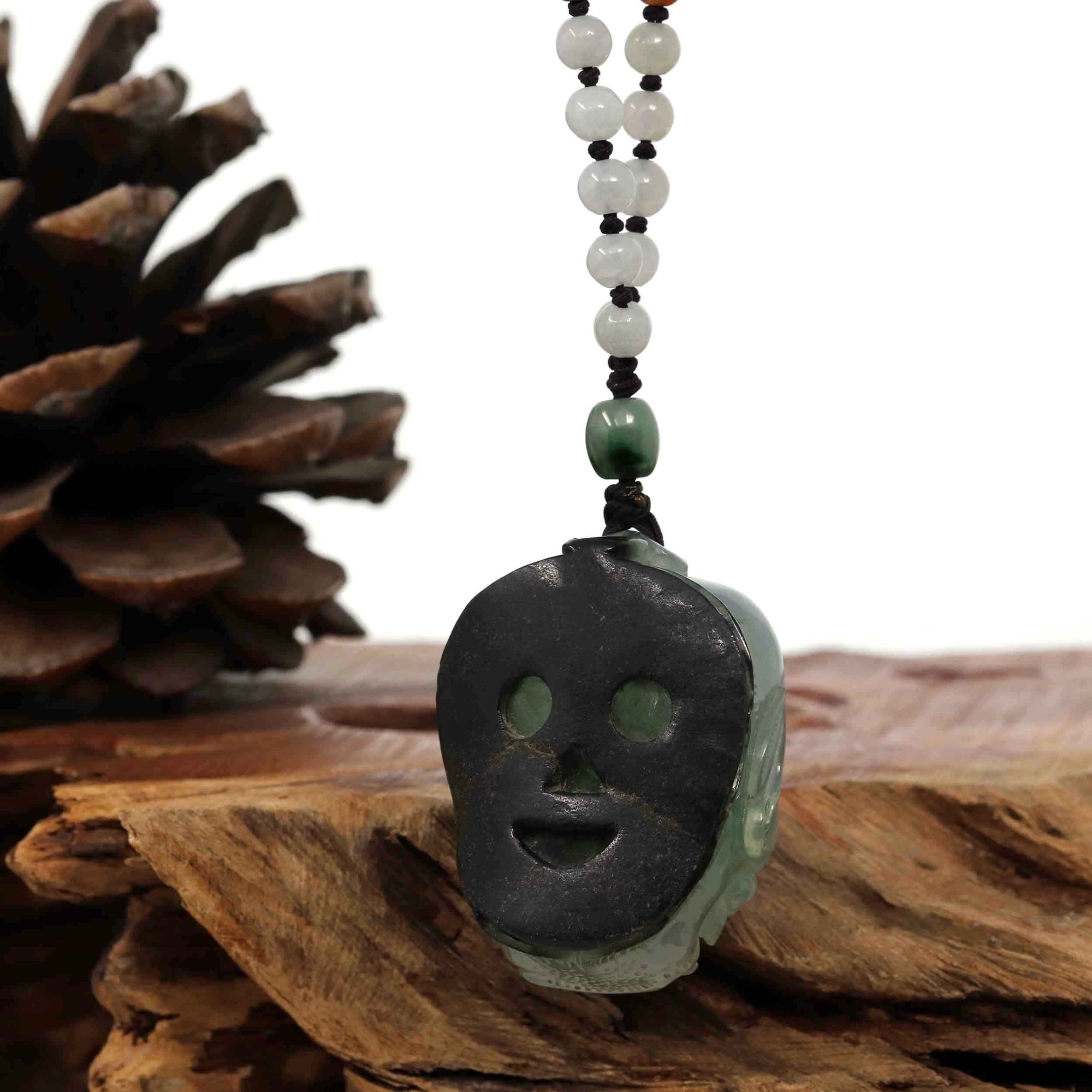 Baikalla Jewelry Jade Carving Necklace Baikalla™ The Demon Hunter" (Zhong Kui) Natural Jadeite Dark Green to Deep Blue Jade Necklace, Collector's piece