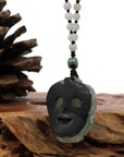 Baikalla Jewelry Jade Carving Necklace Baikalla™ The Demon Hunter" (Zhong Kui) Natural Jadeite Dark Green to Deep Blue Jade Necklace, Collector's piece