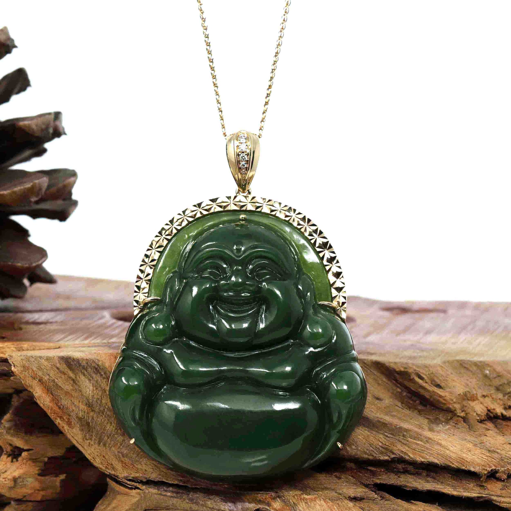 Baikalla Jewelry Gold Jade Buddha Pendant Only Baikalla™ &quot;Laughing Buddha&quot; Large 18k Yellow Gold Genuine Nephrite Green Jade with Diamonds Buddha Pendant Necklace High-end Collectable