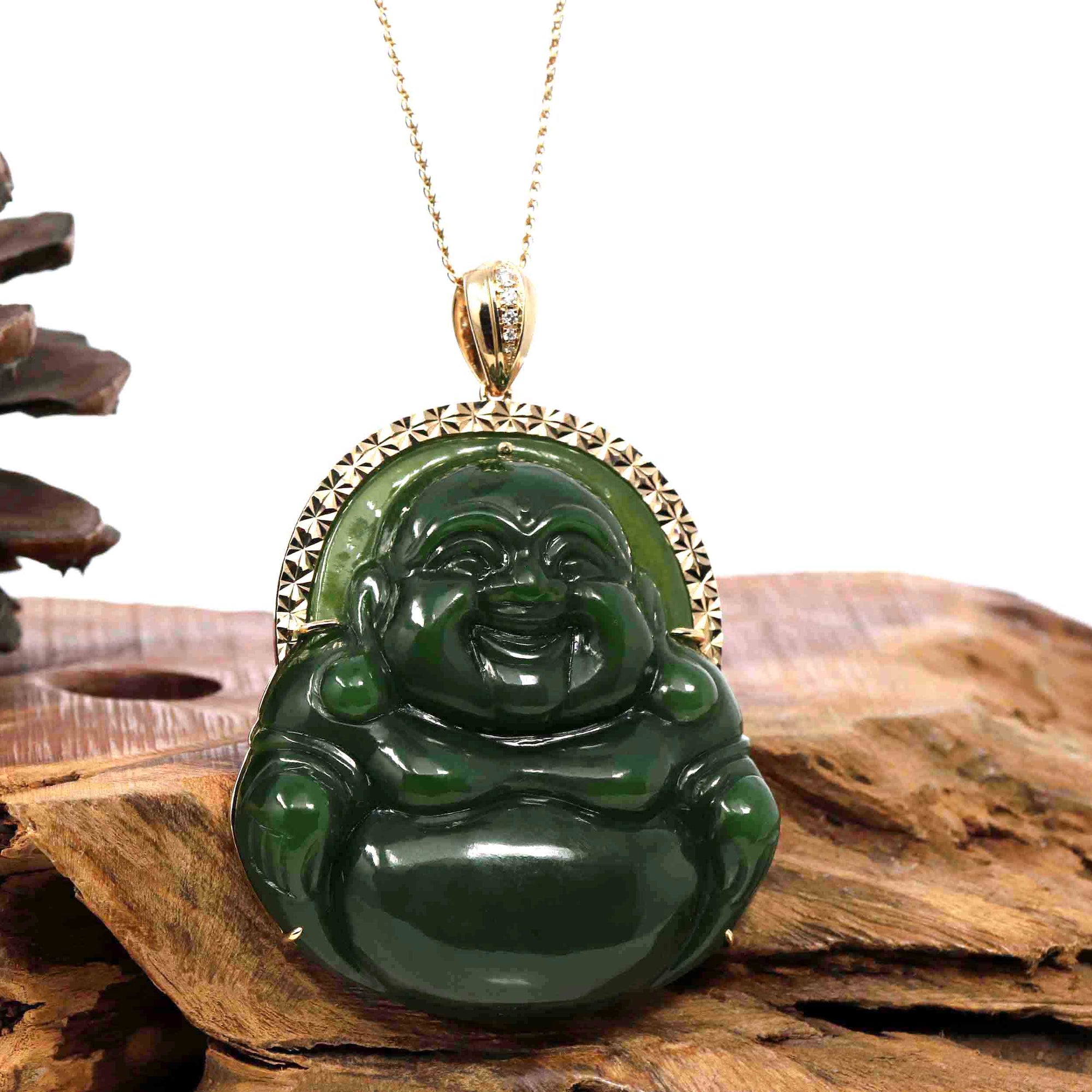 Baikalla Jewelry Gold Jade Buddha Pendant Only Baikalla™ &quot;Laughing Buddha&quot; Large 18k Yellow Gold Genuine Nephrite Green Jade with Diamonds Buddha Pendant Necklace High-end Collectable