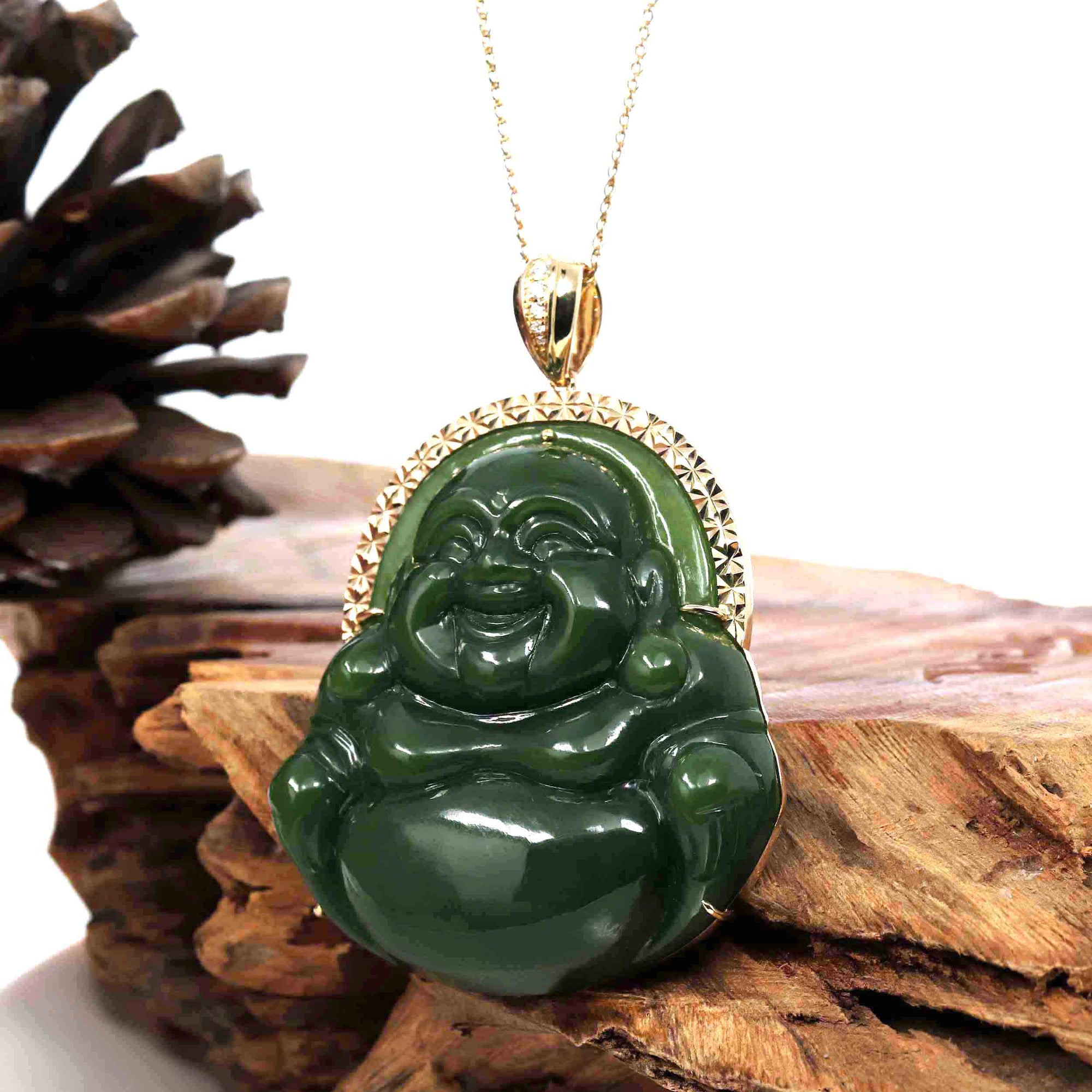 Baikalla Jewelry Gold Jade Buddha Pendant Only Baikalla™ "Laughing Buddha" Large 18k Yellow Gold Genuine Nephrite Green Jade with Diamonds Buddha Pendant Necklace High-end Collectable